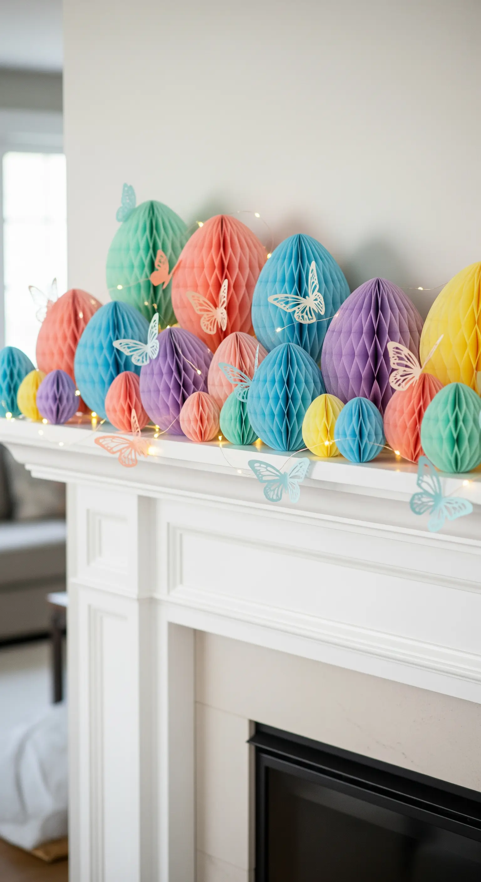 Kaminsims mit bunten Wabeneiern, Lichterkette und Papier-Schmetterlingen