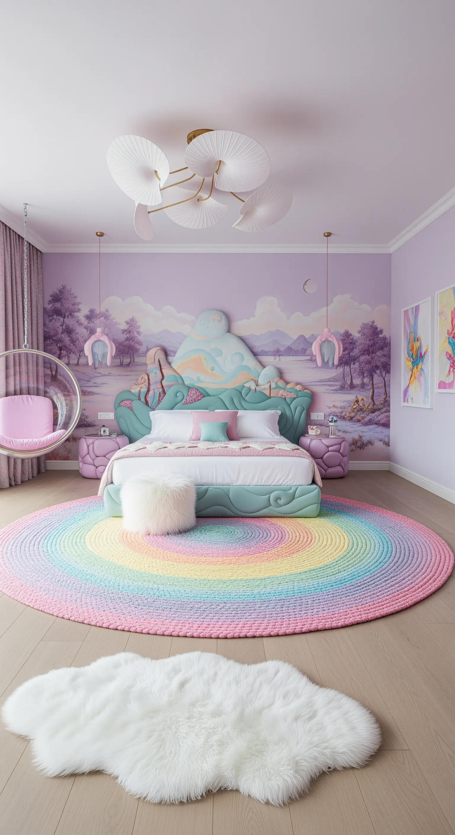Fantasievolles Kinderzimmer mit einem weißen Fell-Teppich auf einem runden Regenbogen-Teppich