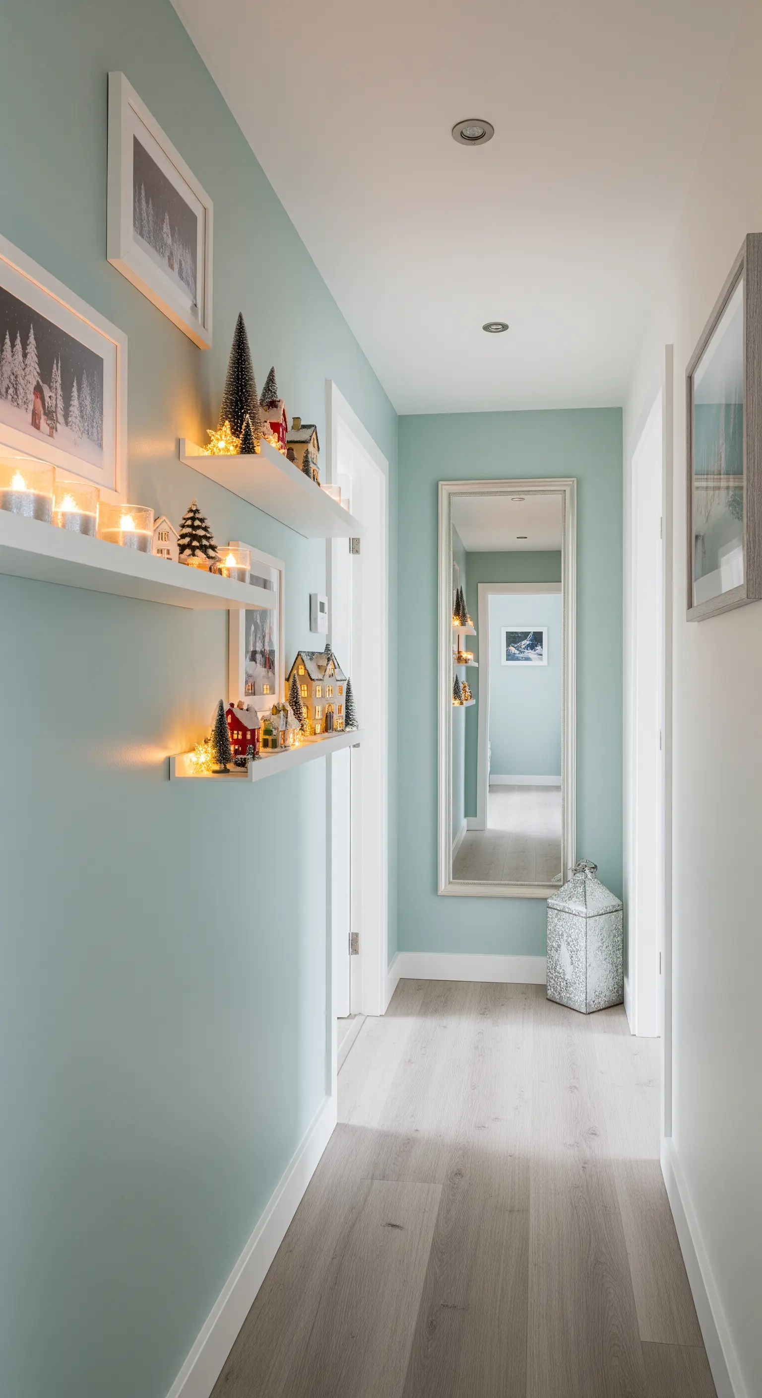 Flur mit mintgrünen Wänden, beleuchteten Regalen, Winterdorf-Deko und Ganzkörperspiegel