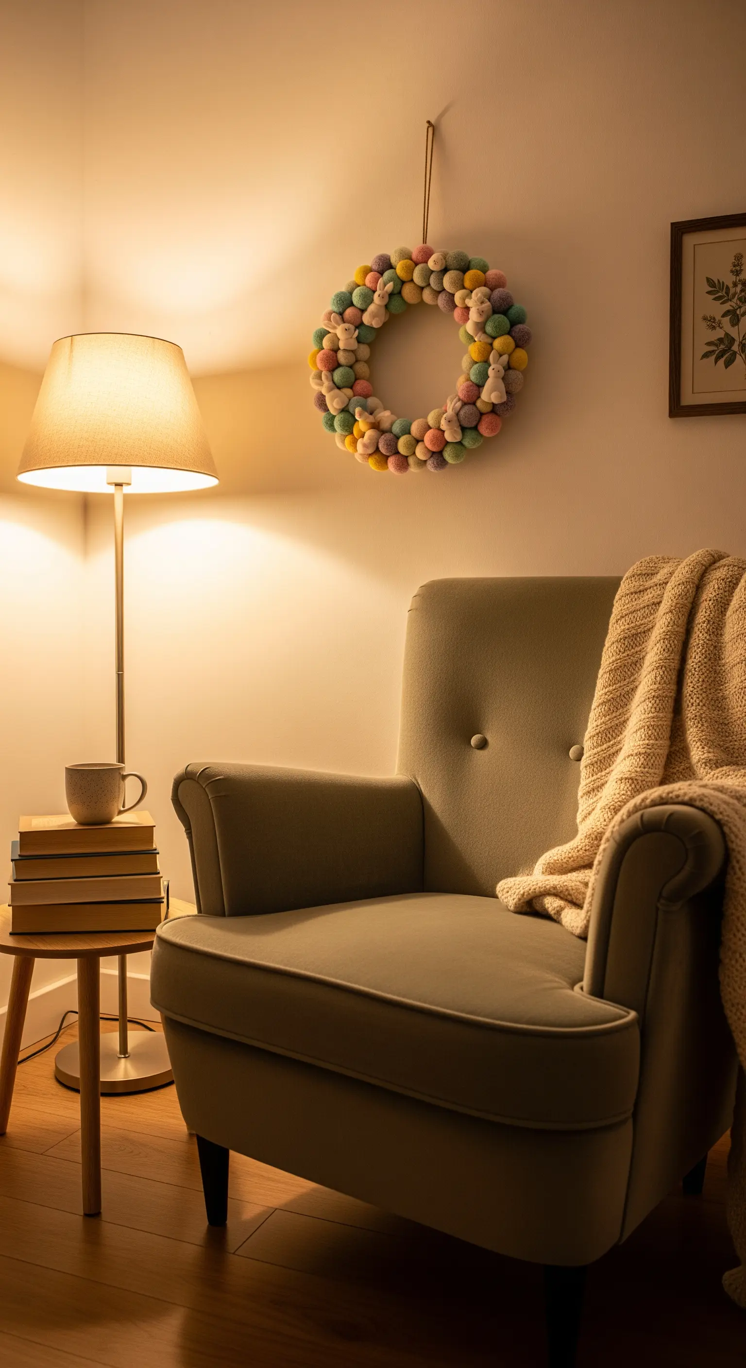 Filzkugel-Kranz in Pastellfarben in einer Leseecke