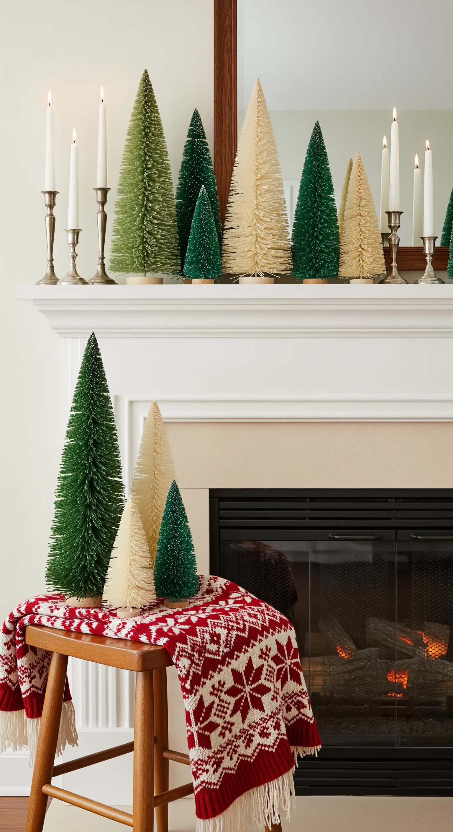 Kamin mit einer Sammlung von grünen und weißen Flaschenbürsten-Bäumchen.