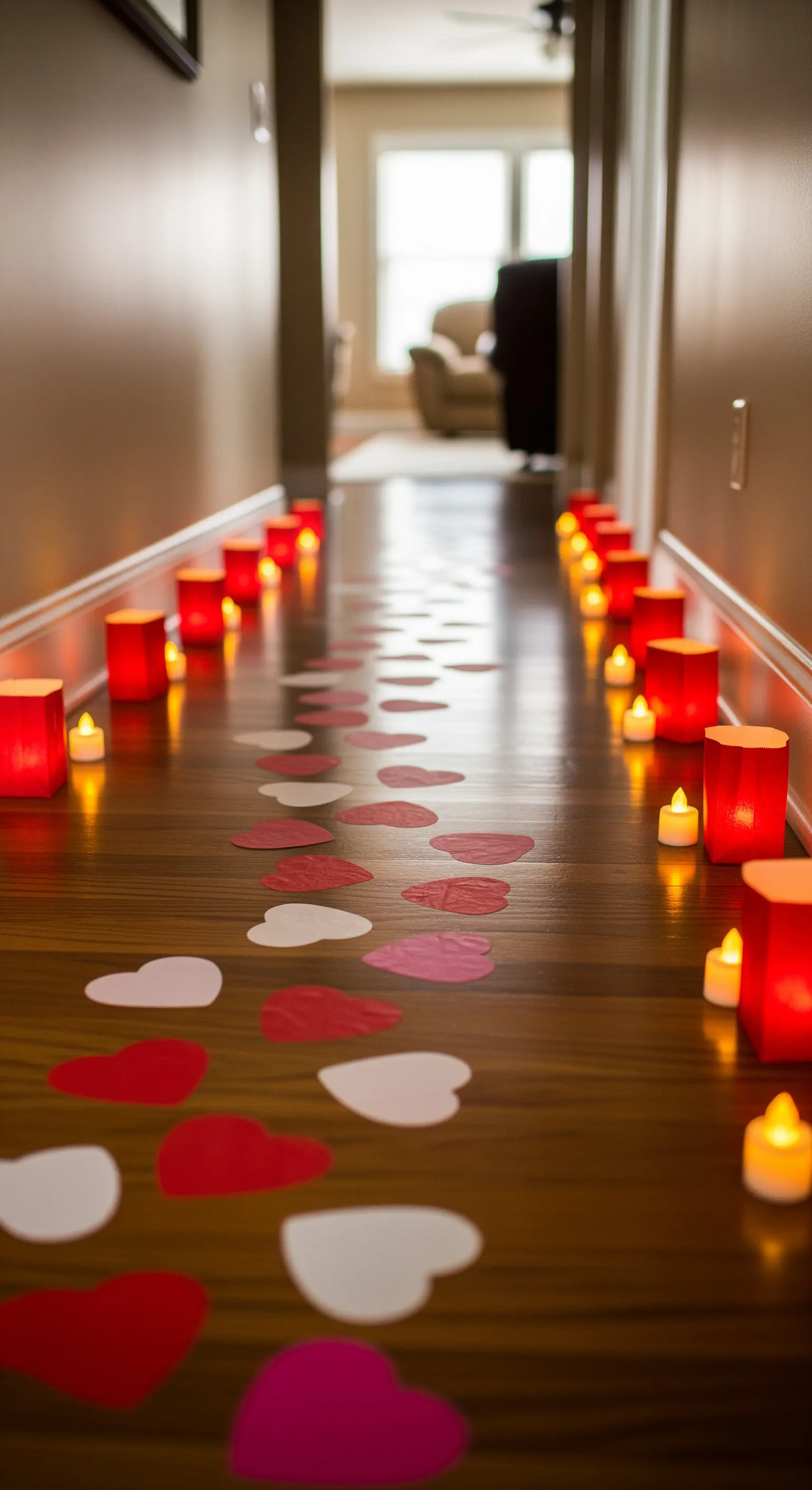Flur mit Herzpfad aus Papier und leuchtenden Kerzen.