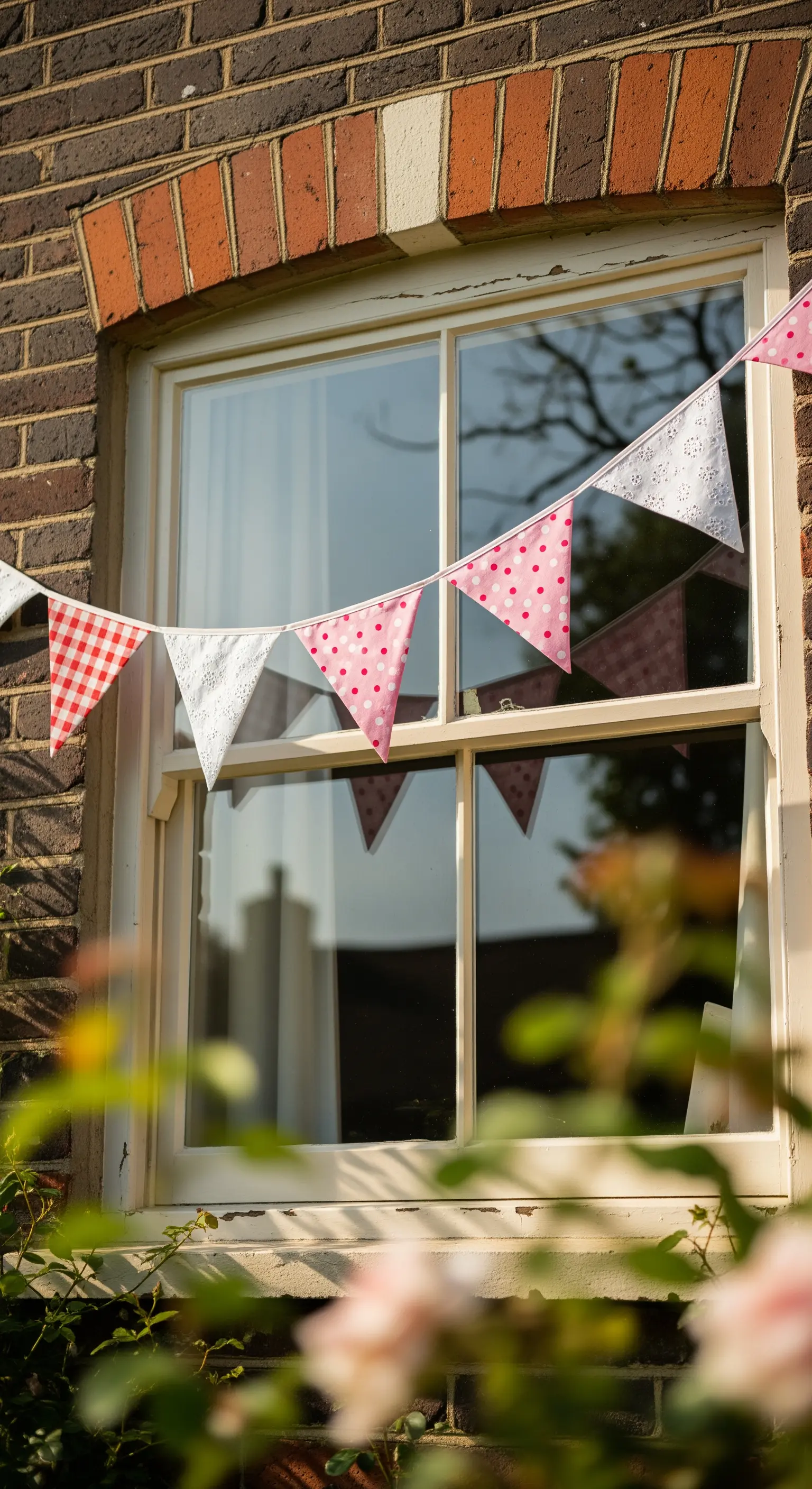 Wimpelkette in Rosa, Rot und Weiß hängt diagonal vor einem Backsteinhaus-Fenster.