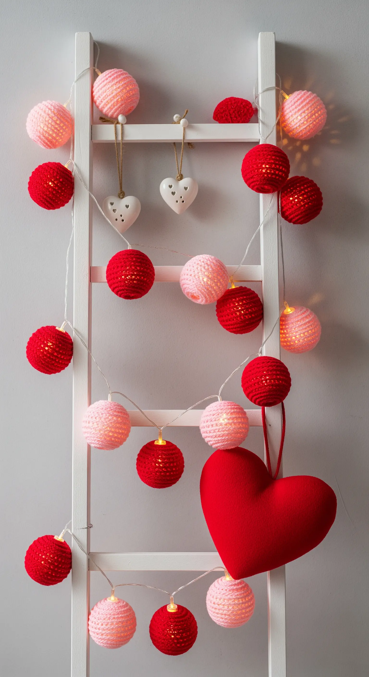 Eine weiße Deko-Leiter, geschmückt mit einer Lichterkette aus roten und rosa Baumwollkugeln.