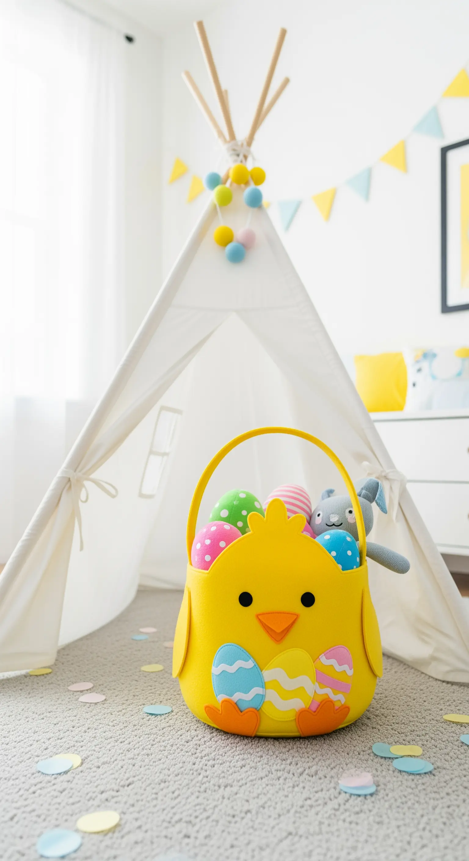 Gelber Küken-Filzkorb mit bunten Eiern und Plüschtier vor einem Kinder-Tipi