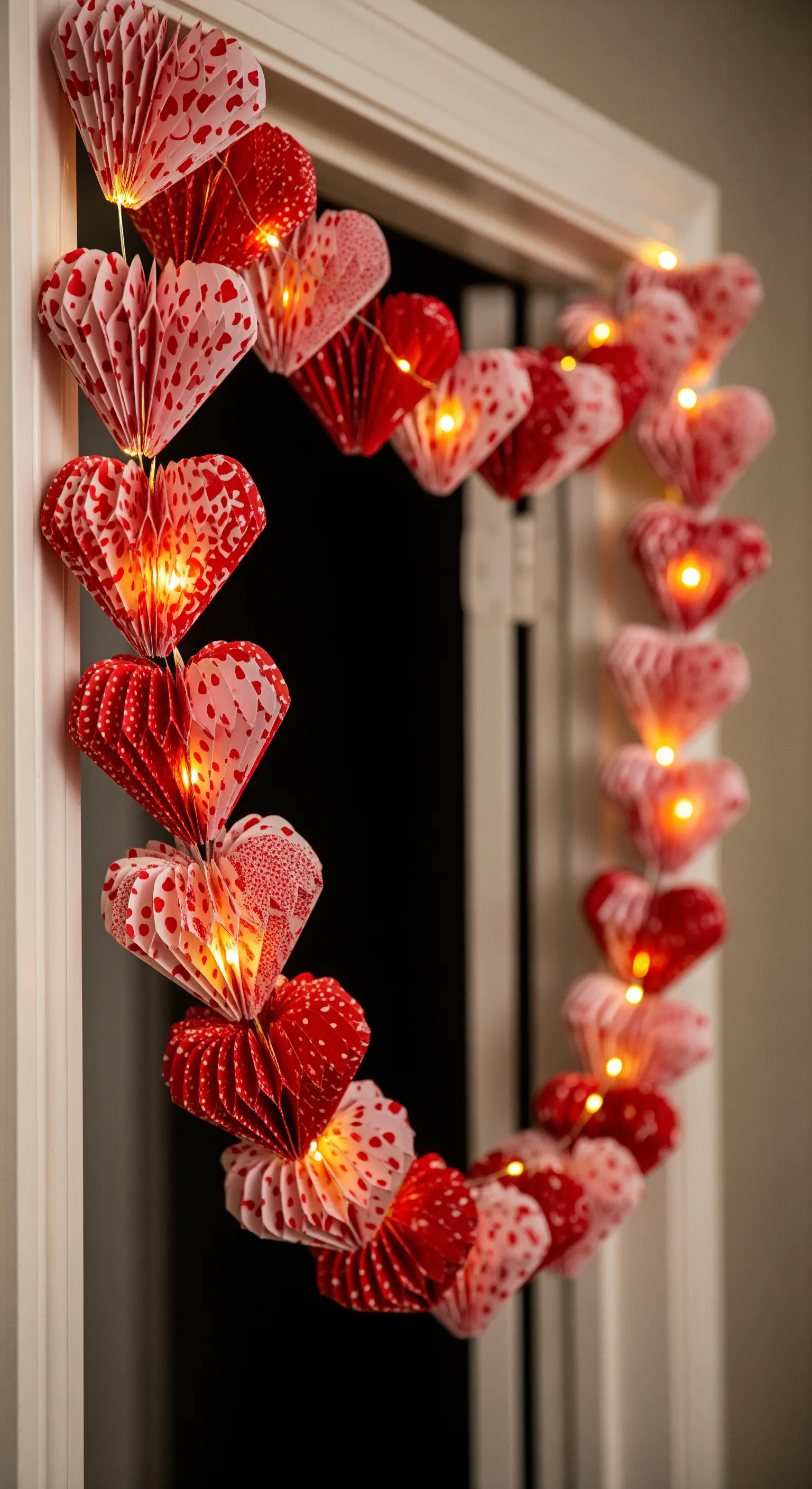 Ein Türkranz aus gefalteten Papierherzen in Rot und Rosa, durch die Lichter gesteckt sind.