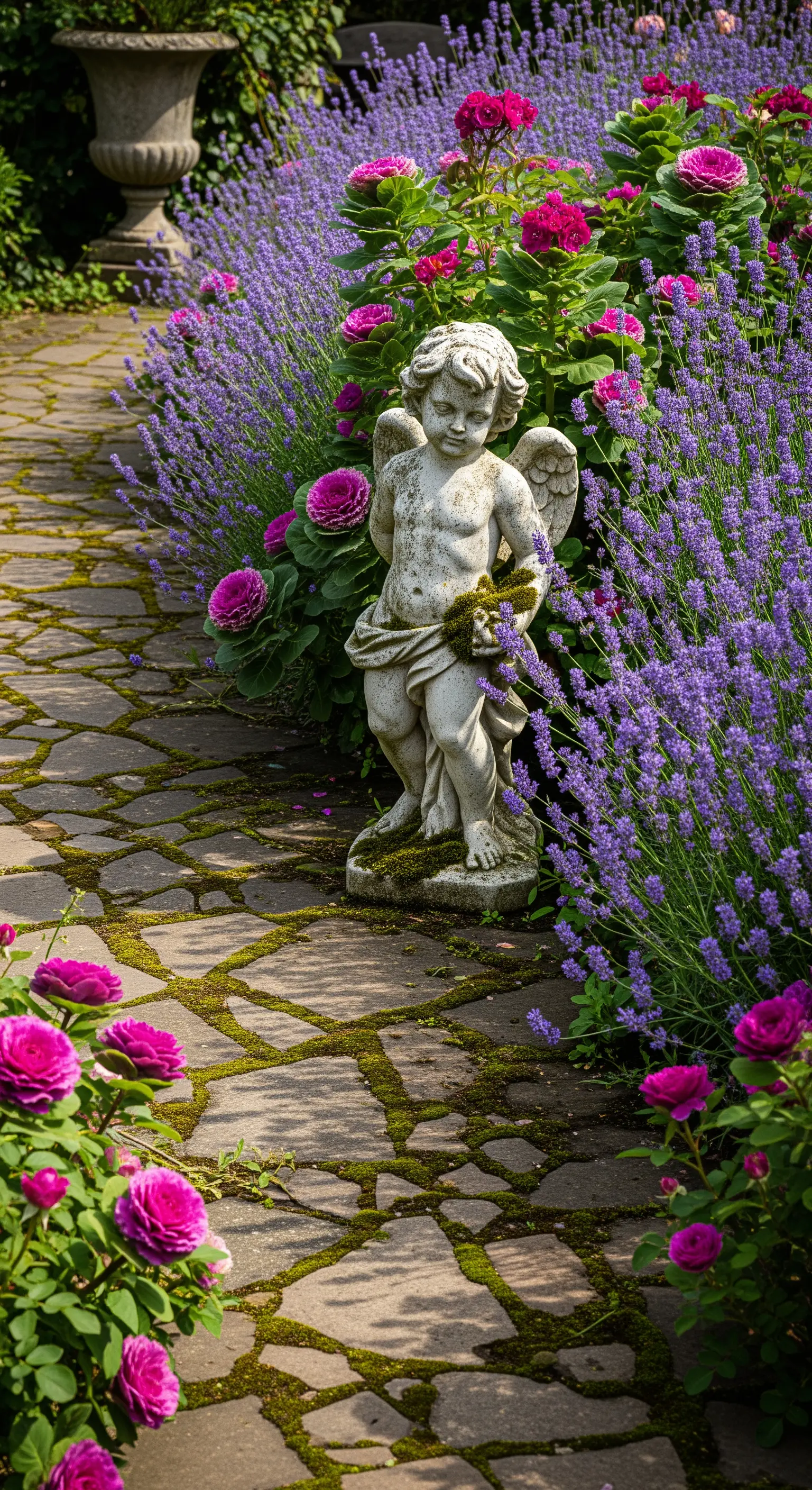 Steinpfad mit Moos, gesäumt von Lavendel und pinken Rosen, mit Puttenstatue