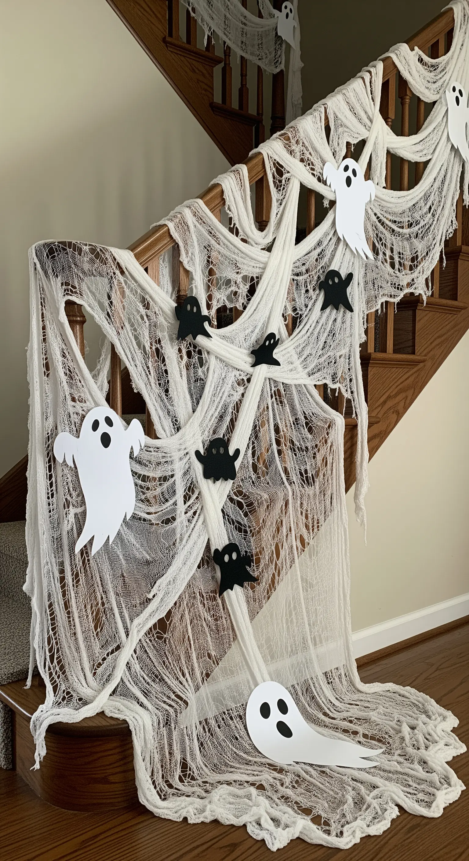 Treppengeländer dekoriert mit weißem Stoff und ausgeschnittenen Geistern aus Papier.