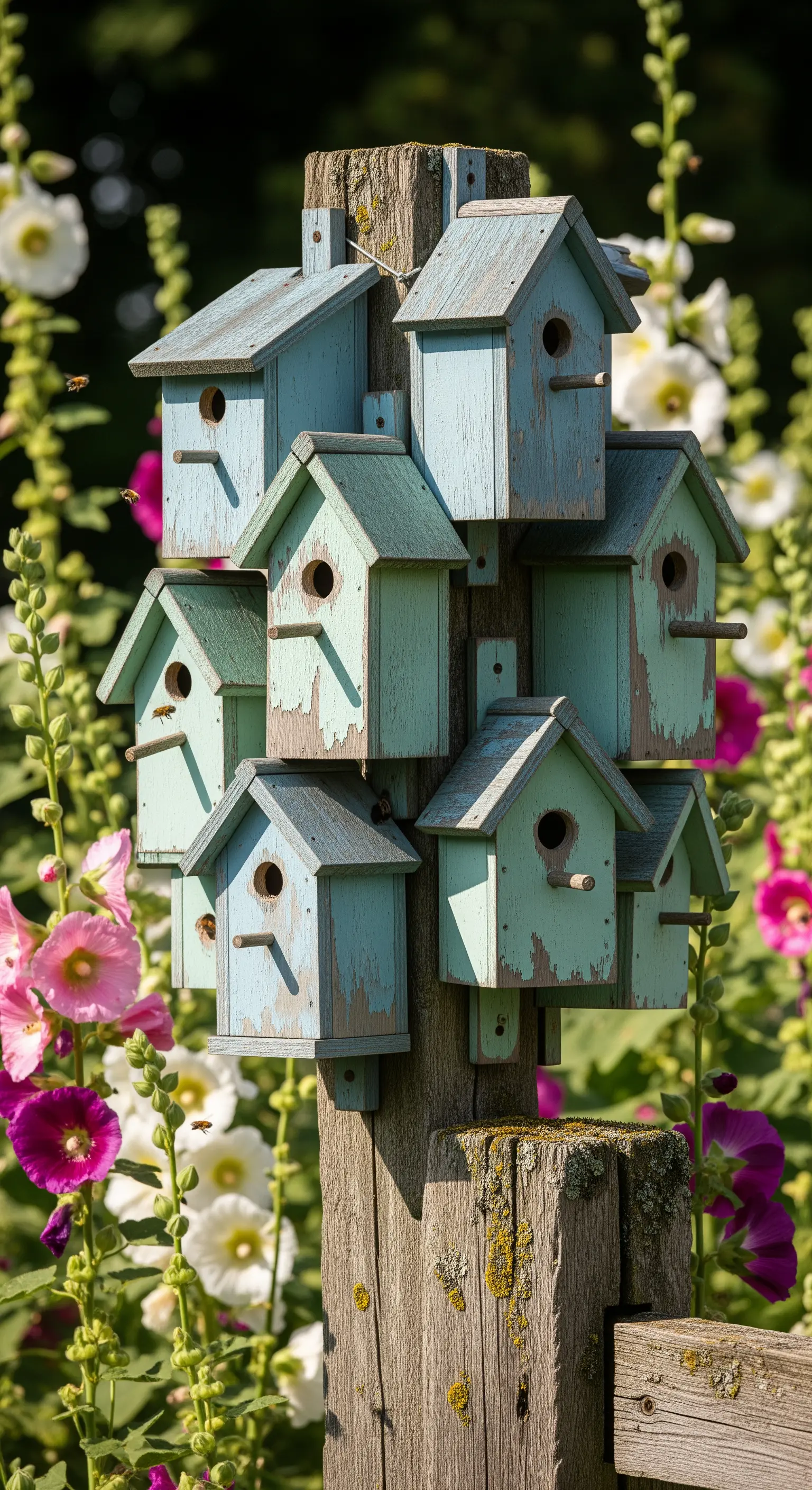 Gestapelte, verwitterte Vogelhäuschen in Pastelltönen an einem Holzpfosten, umgeben von Stockrosen.