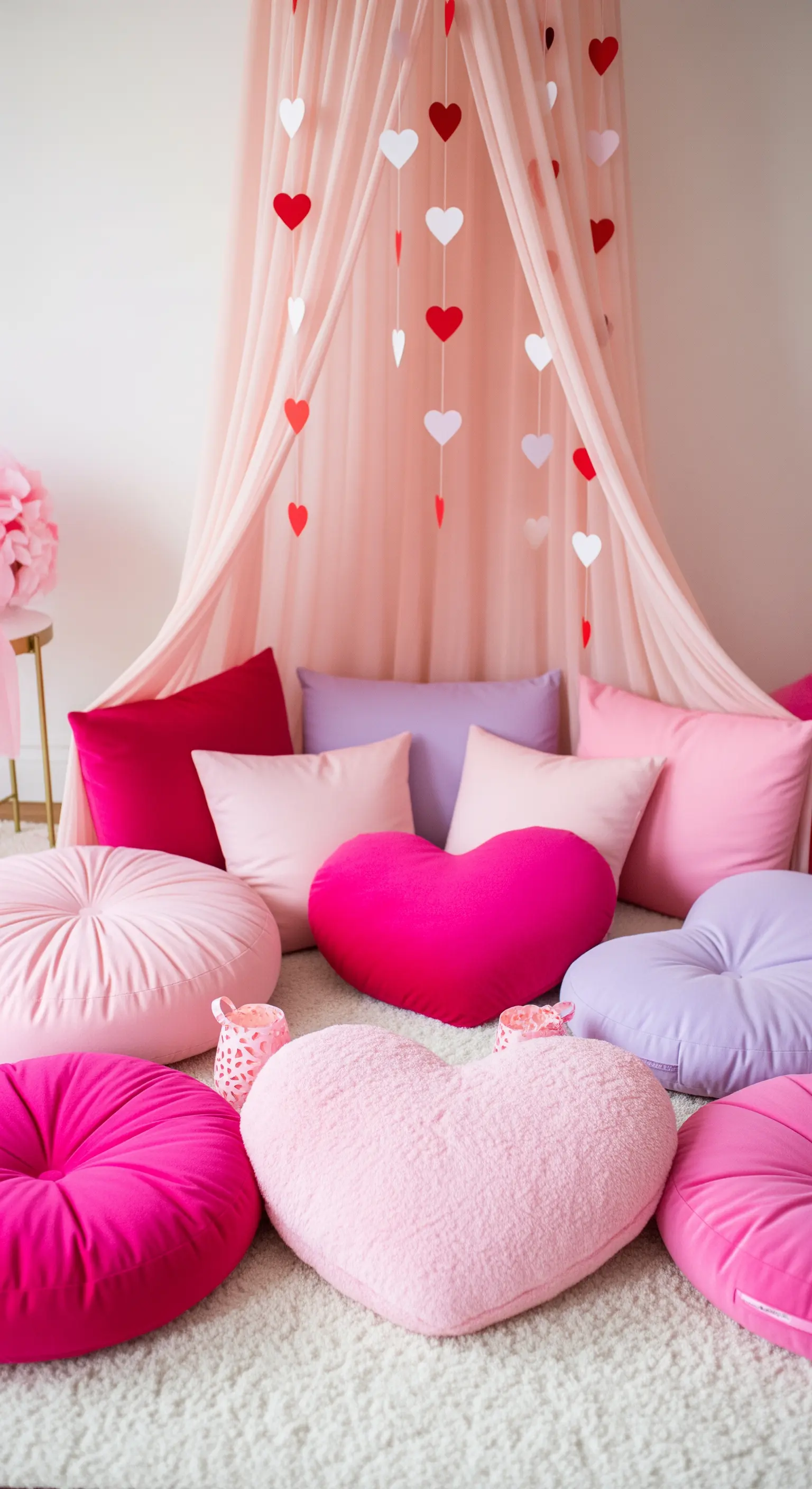 Eine Ansammlung von pinken und lila Bodenkissen unter einem rosa Betthimmel.