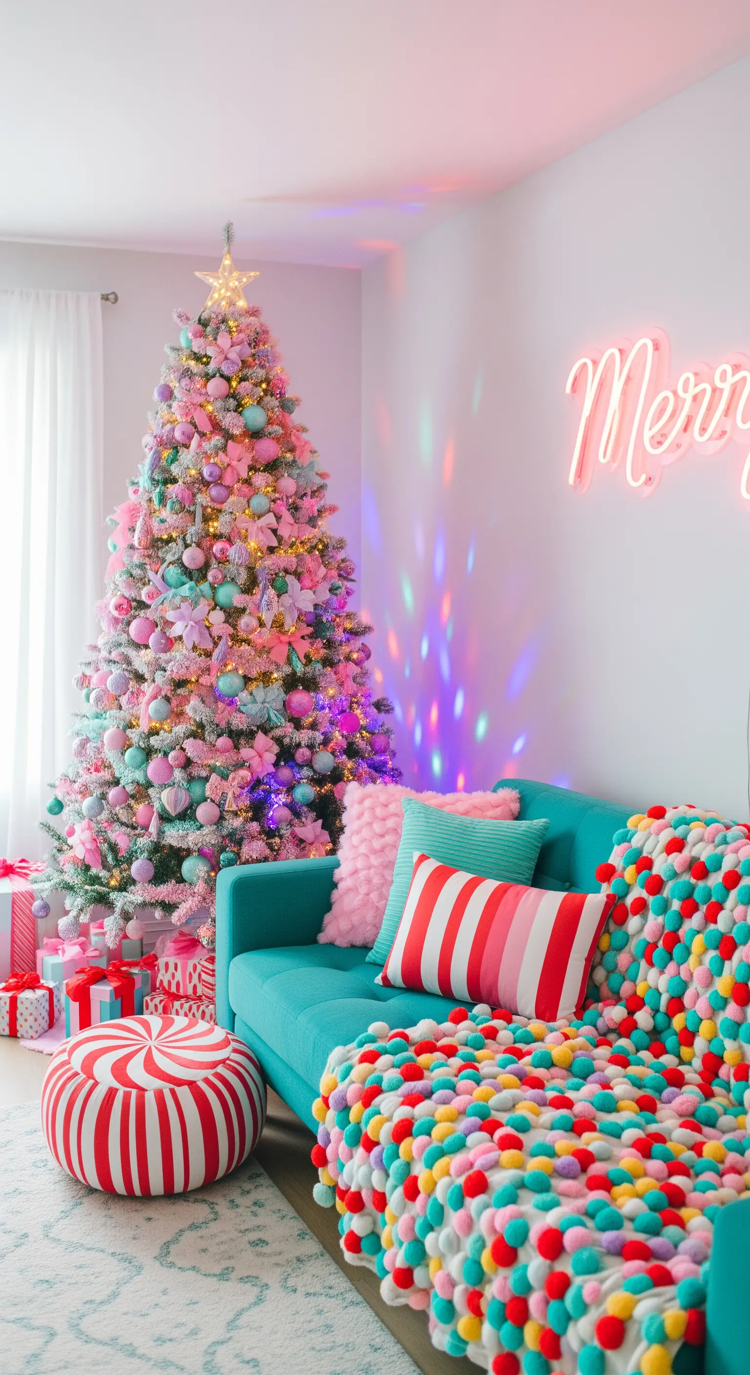 Verspieltes Wohnzimmer mit Weihnachtsbaum in Pastellfarben, türkisfarbenem Sofa und Neonlicht.