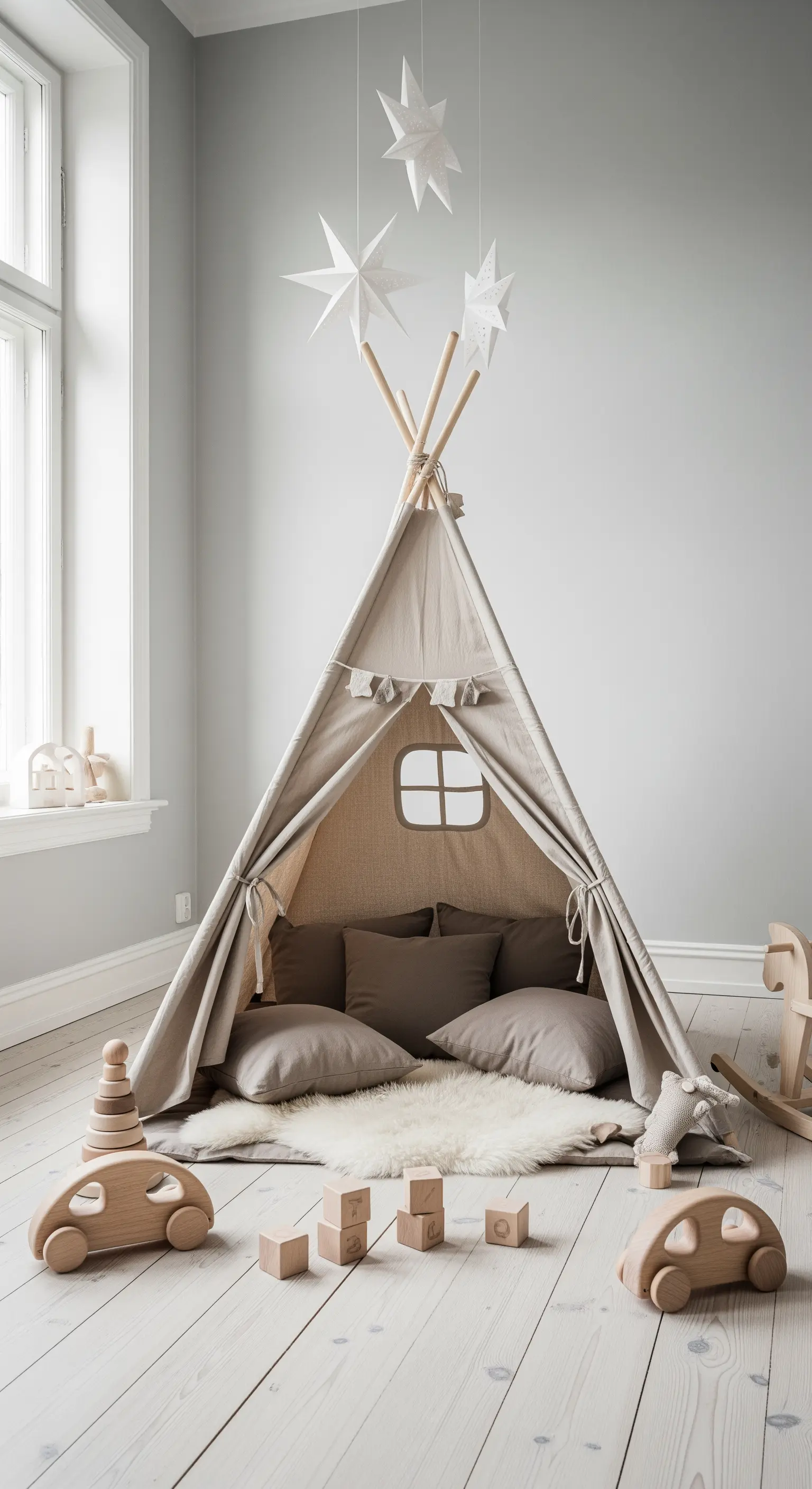 Kinderzimmer mit Tipi, Holzspielzeug und Sternendeko
