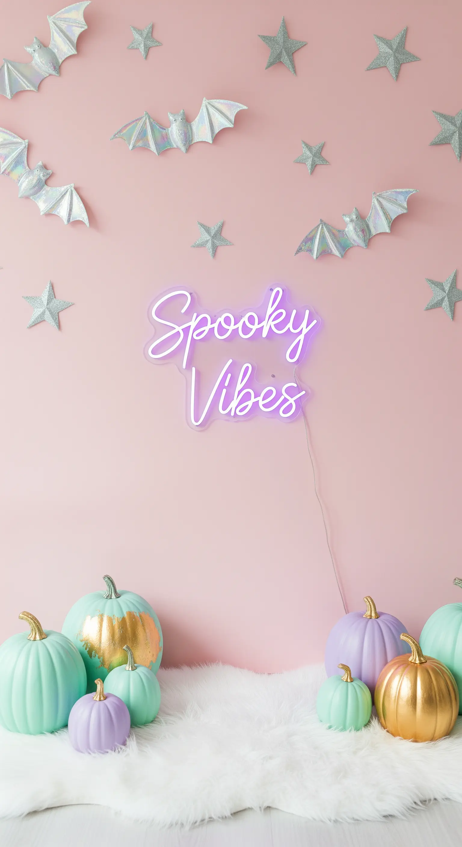 Pastellfarbene Halloween-Deko mit Neon-Schriftzug und Glitzerfledermäusen