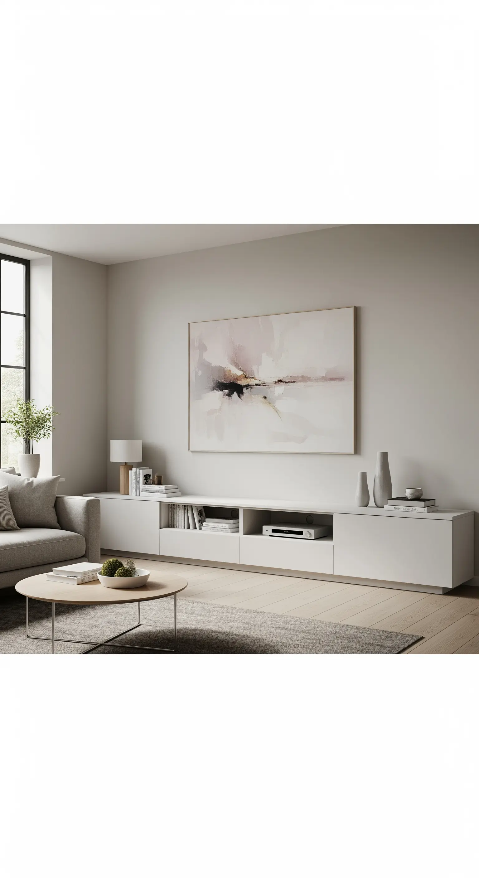 Ein langes, weißes, minimalistisches TV-Sideboard unter einem großen abstrakten Gemälde.
