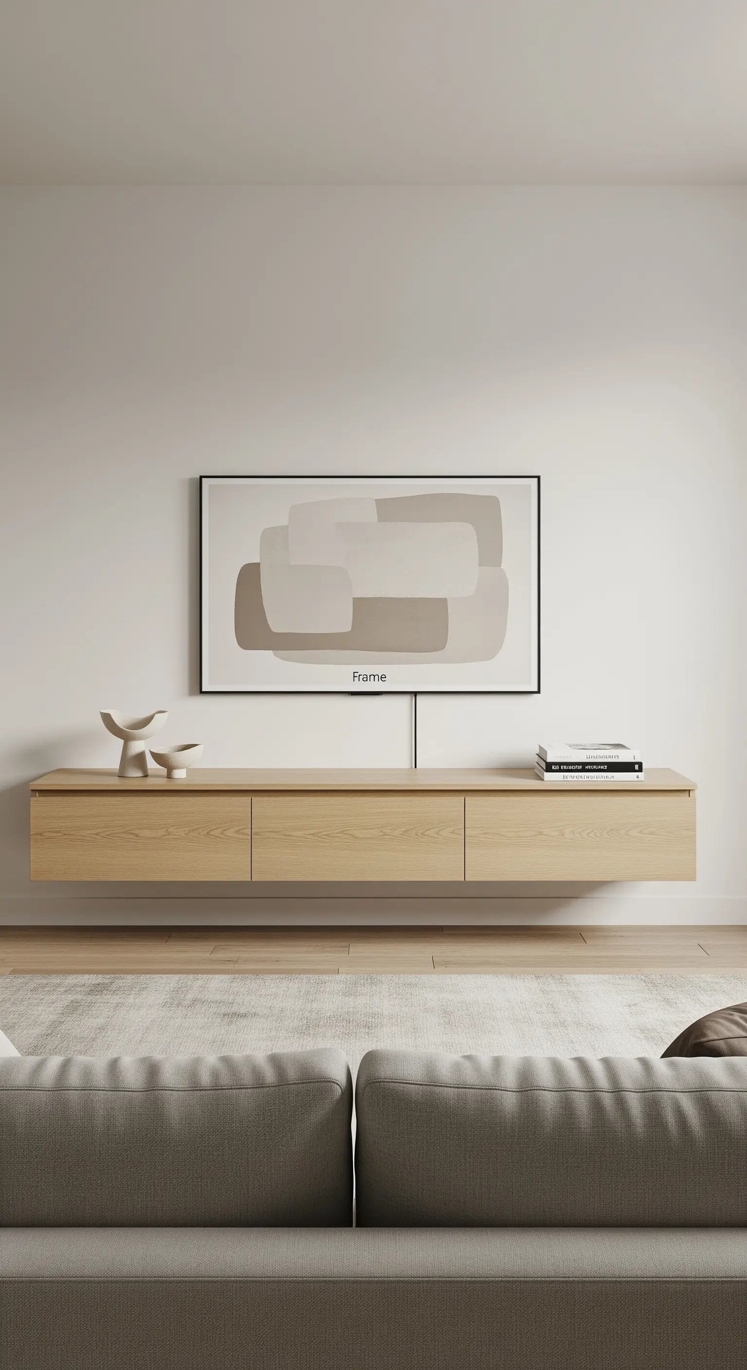 Schwebendes Holz-Sideboard unter einem Frame TV, der abstrakte Kunst zeigt