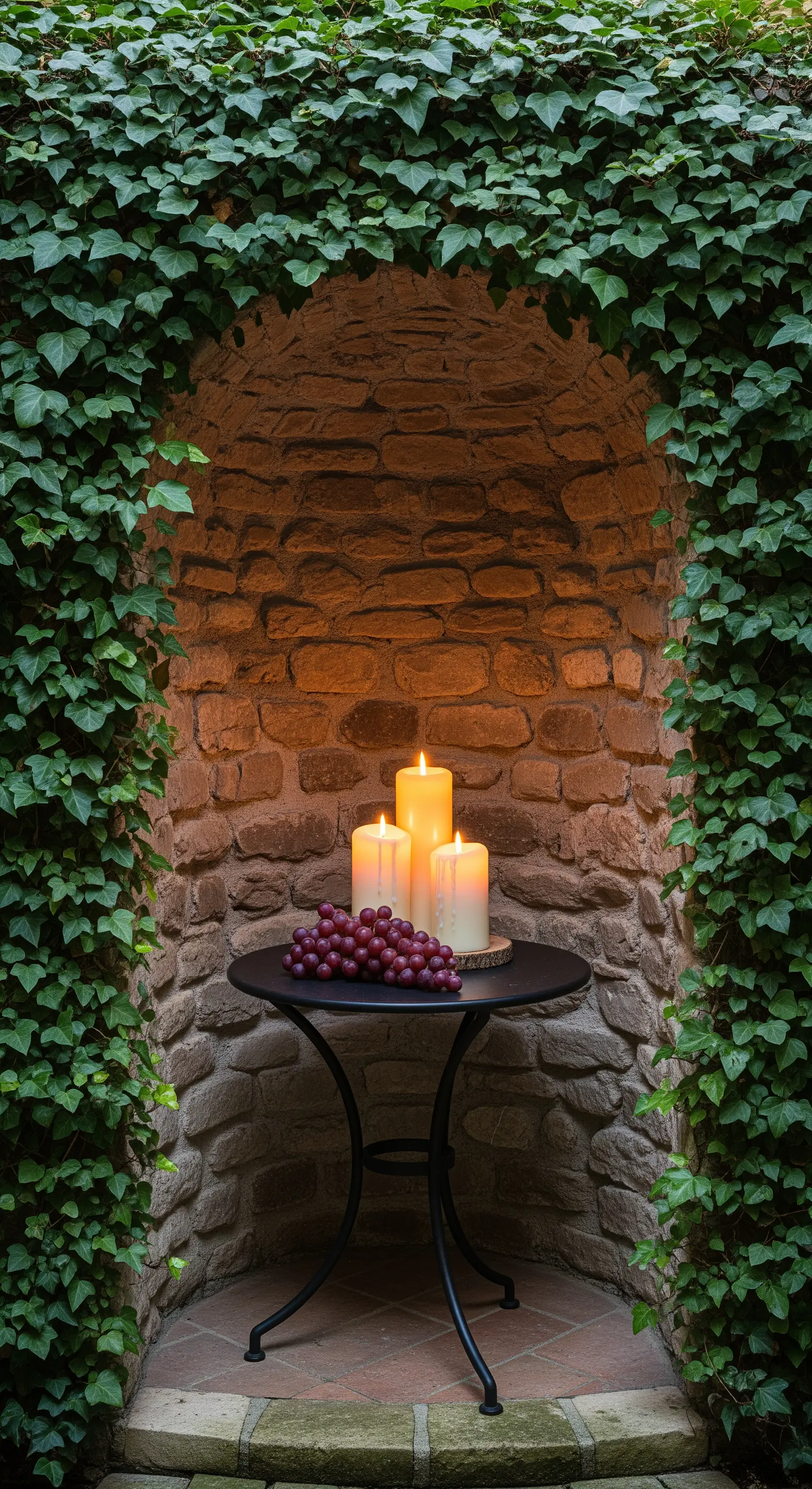 Efeuumrankte Grotte mit Steintisch, Kerzen und Trauben, warm beleuchtet