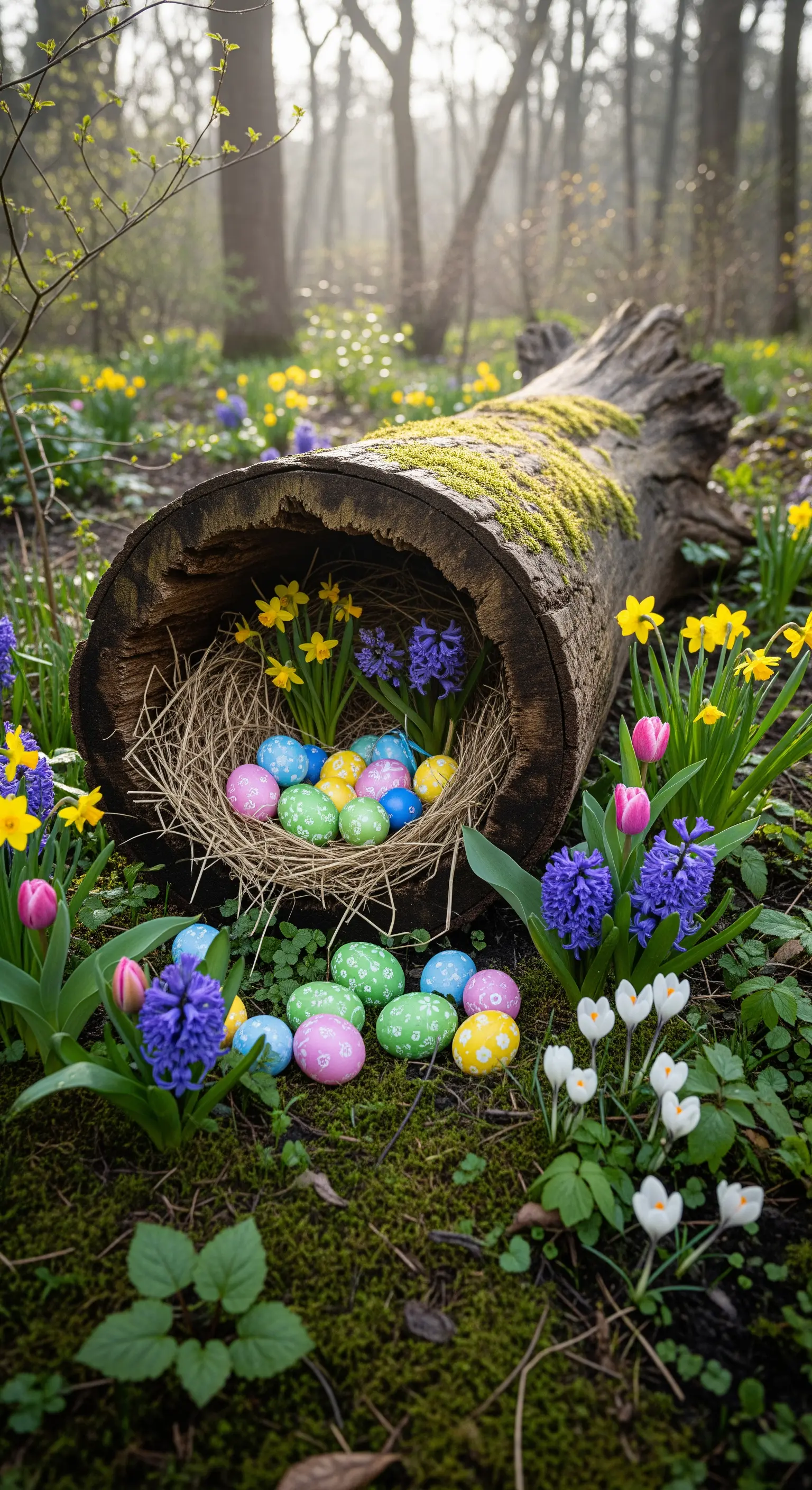 Baumstamm mit Moos, Nest voller Ostereier und Frühlingsblumen im Wald