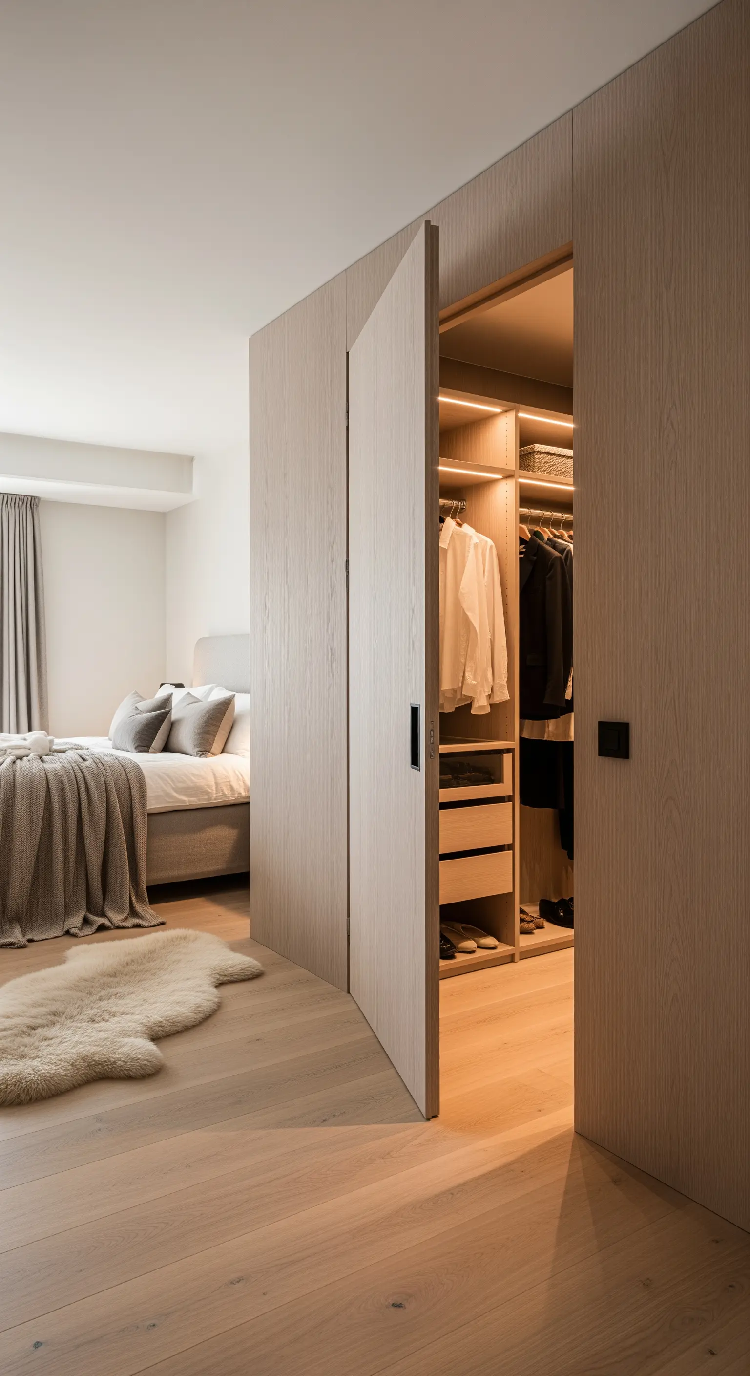 Minimalistisches Schlafzimmer mit wandbündigen, grifflosen Holztüren zum begehbaren Kleiderschrank