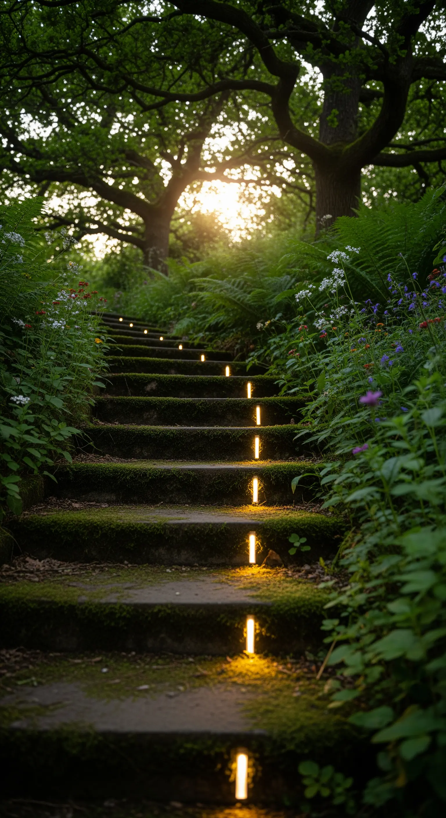 In Steinstufen integrierte, vertikale LED-Lichter für eine subtile Treppenbeleuchtung.
