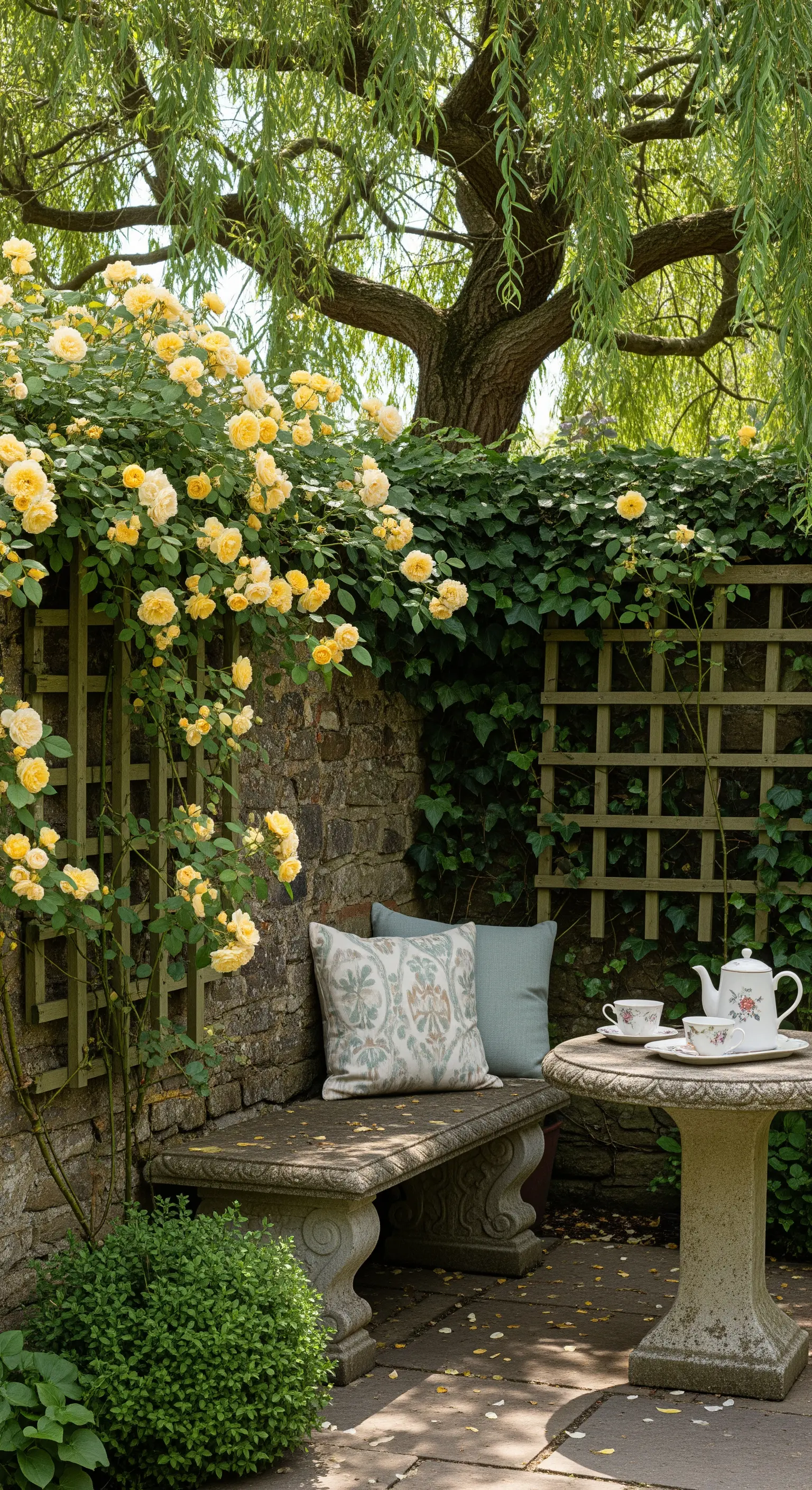 Gartensitzplatz, Kletterrosen, Steinbank, Teegedeck, idyllischer Rückzugsort