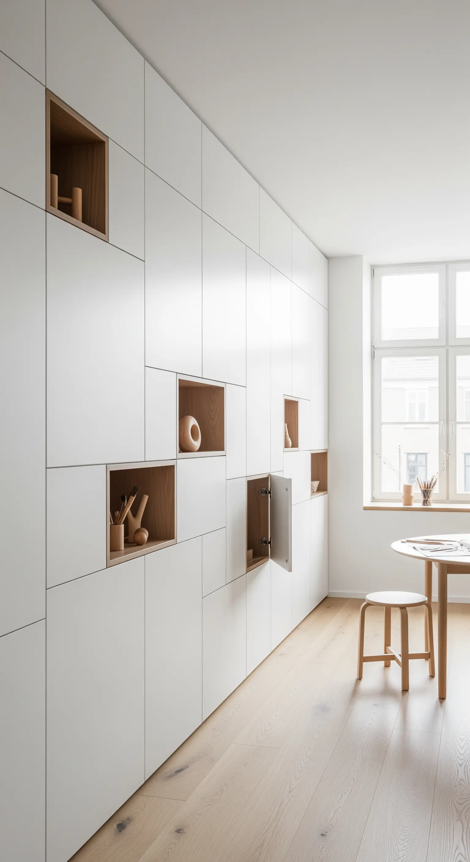 Weiße, raumhohe Einbauschränke mit offenen Nischen aus Holz als Deko-Akzent.