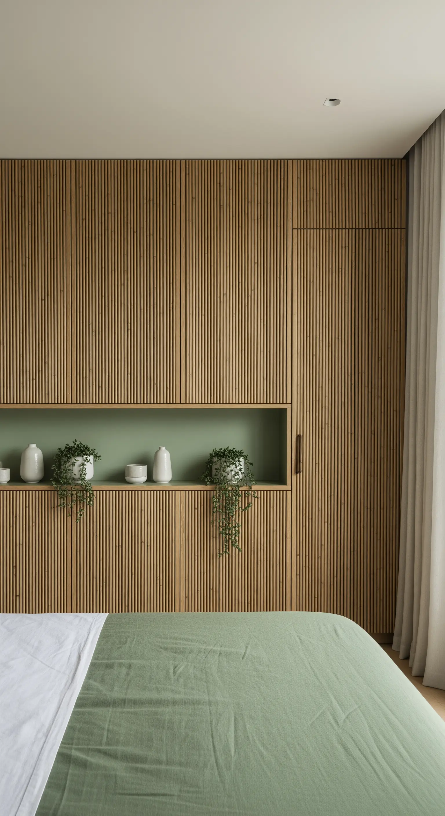 Holzlamellenwand mit integrierter, grüngestrichener Nische und versteckter Schranktür.