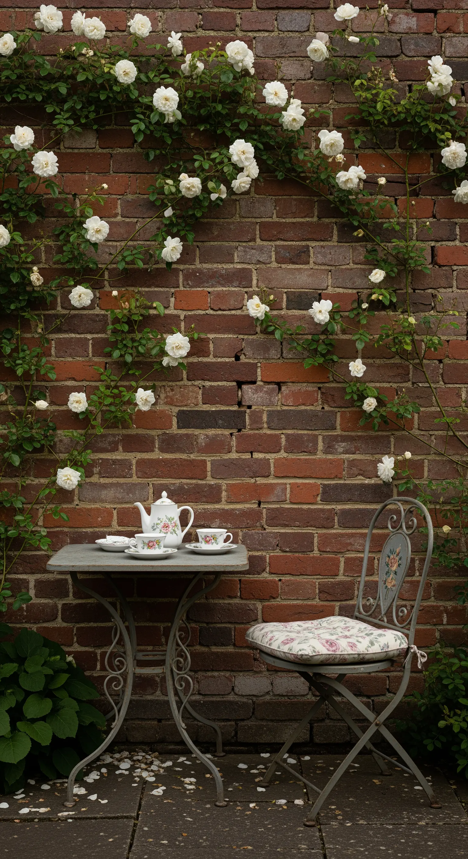 Bistrotisch mit Teegeschirr vor Ziegelmauer mit weißen Kletterrosen