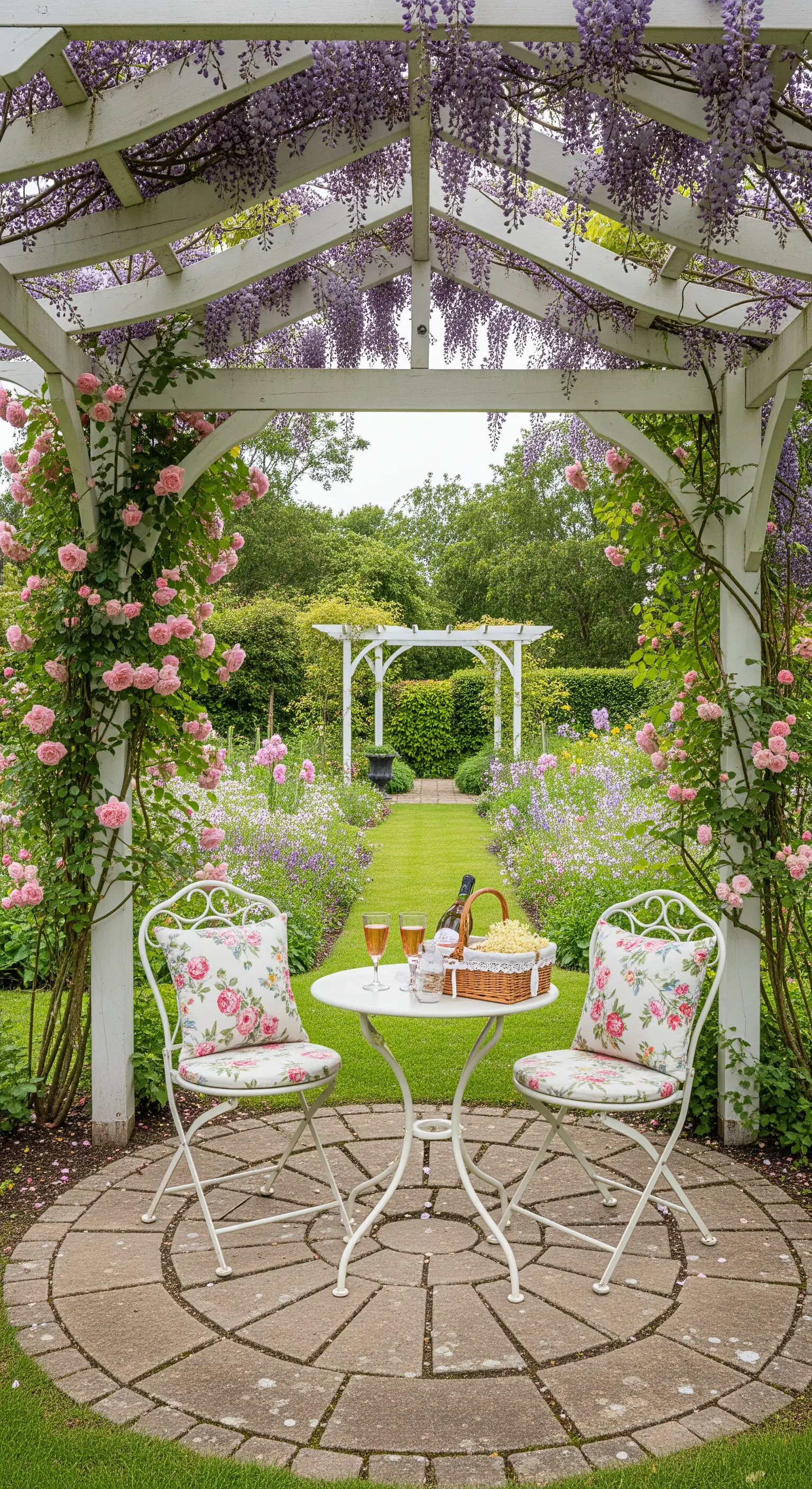 Weißes Bistro-Set unter blühender Pergola, umgeben von englischen Gartenrosen.