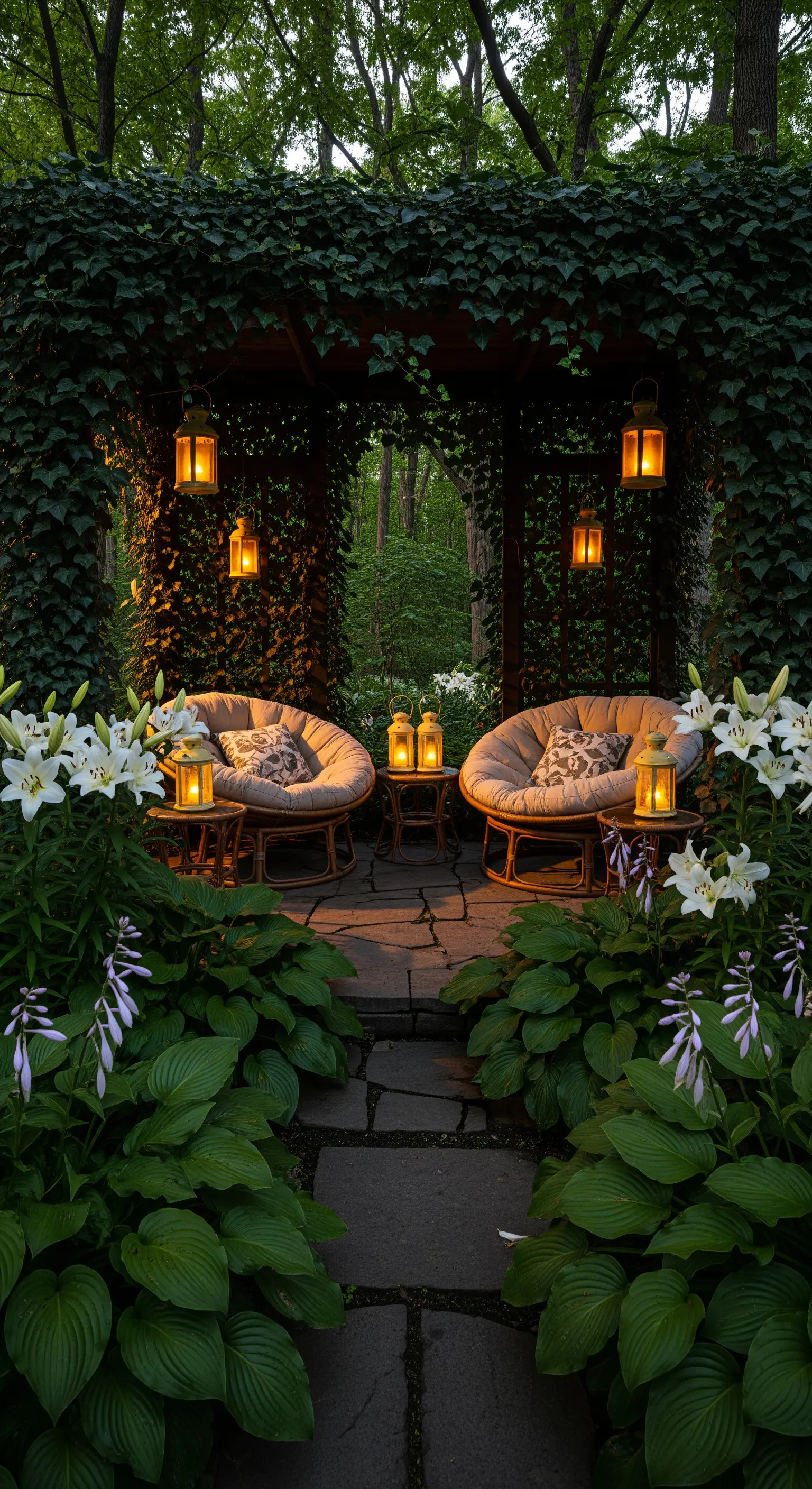 Garten-Sitzecke mit Papasan-Stühlen, Efeu-Pergola, Laternen und Lilien