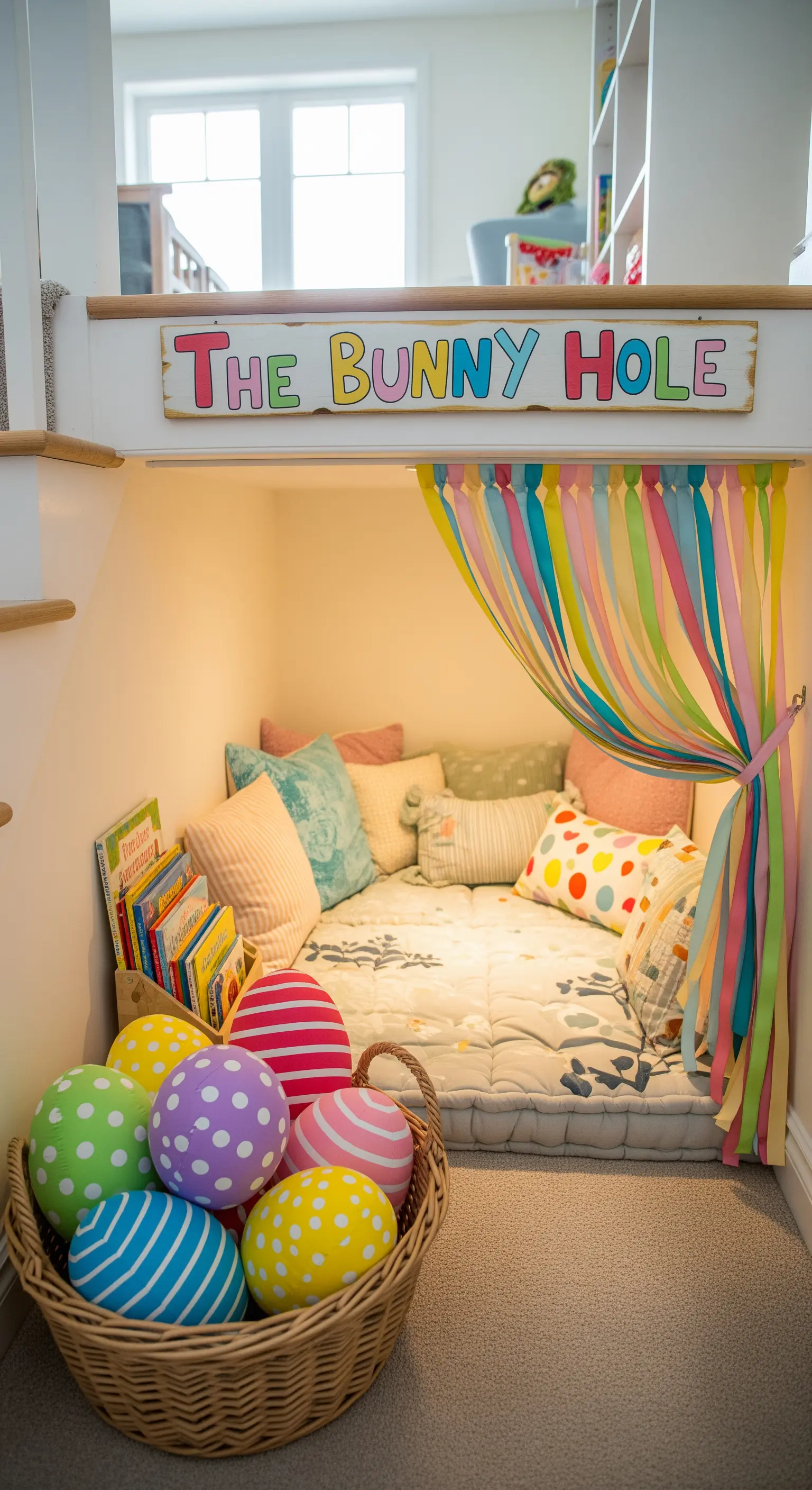 Under-stairs reading nook with mattress, pillows, colorful ribbons, and large Easter eggs.