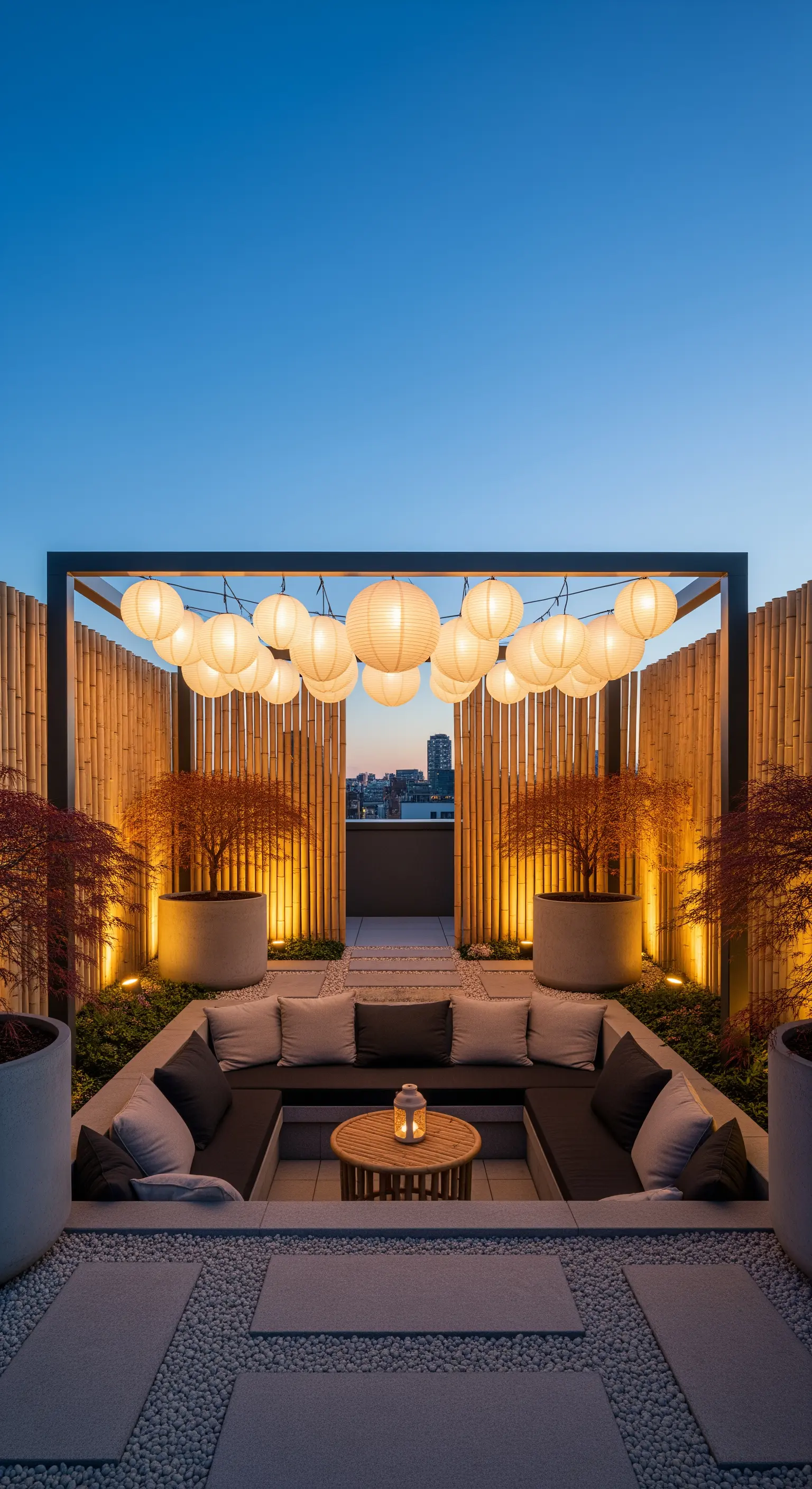 Versunkene Dachterrassen-Lounge mit Bambuswänden und hängenden Papierlaternen bei Dämmerung