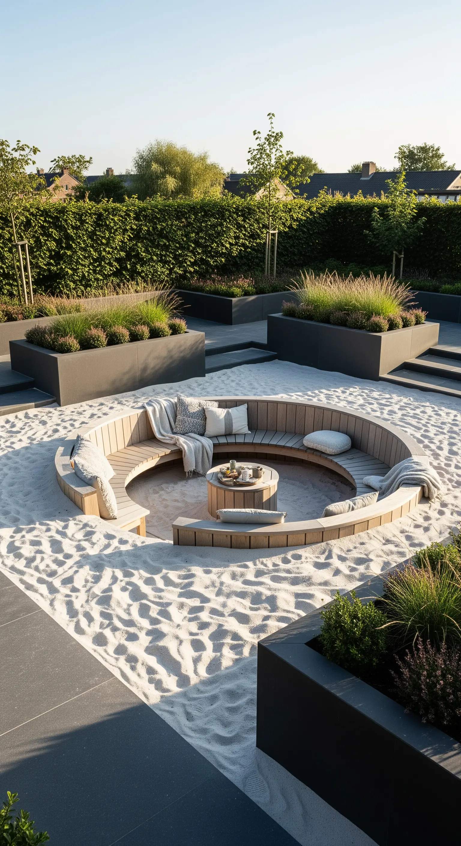 Runde, versunkene Japandi Sitzgruppe im Sand mit Kissen