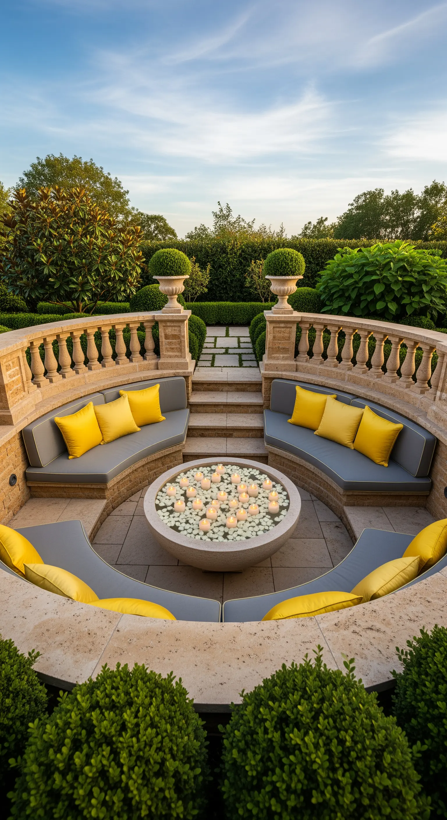 Versunkene Lounge im Garten mit gelben Kissen, Wasserspiel und schwimmenden Kerzen