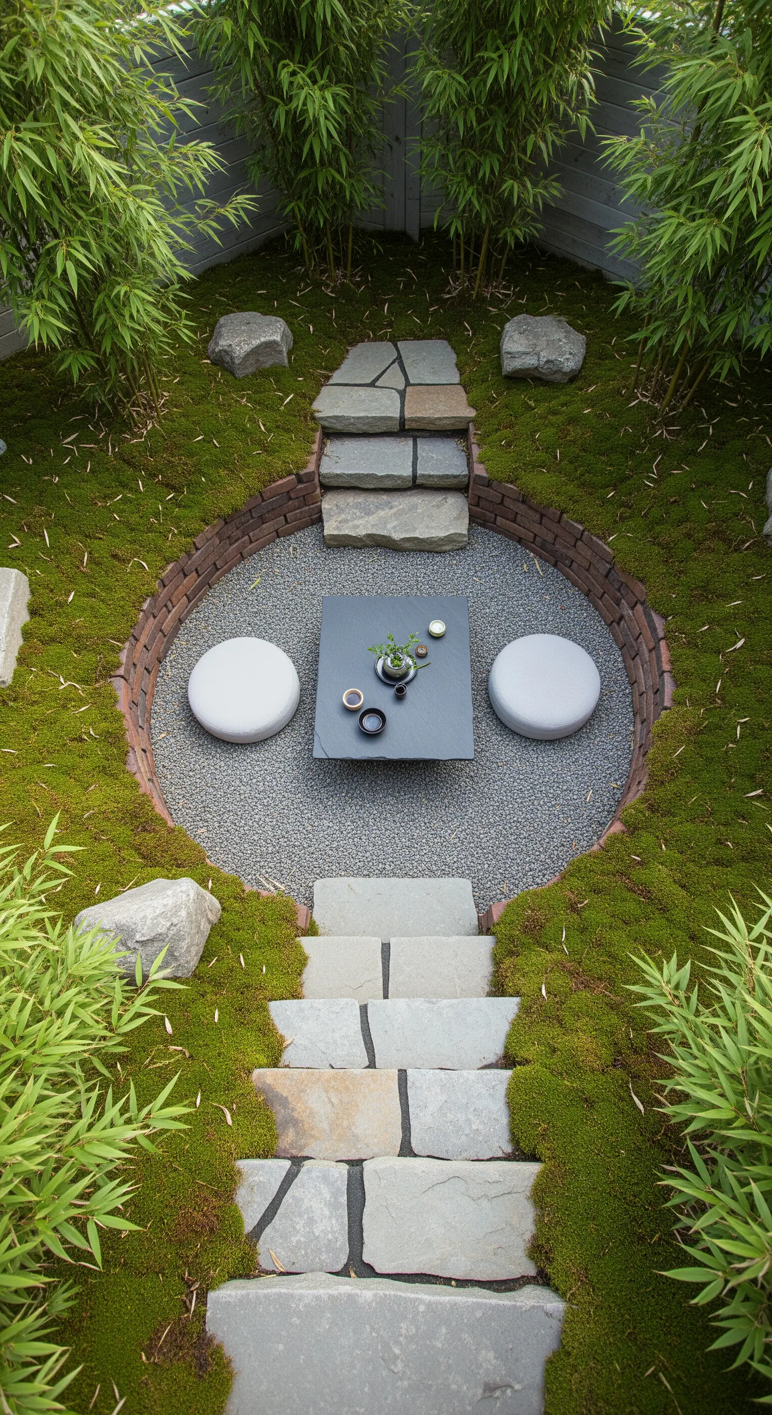 Runde, versunkene Teeecke im Garten, umgeben von Moos und Bambus
