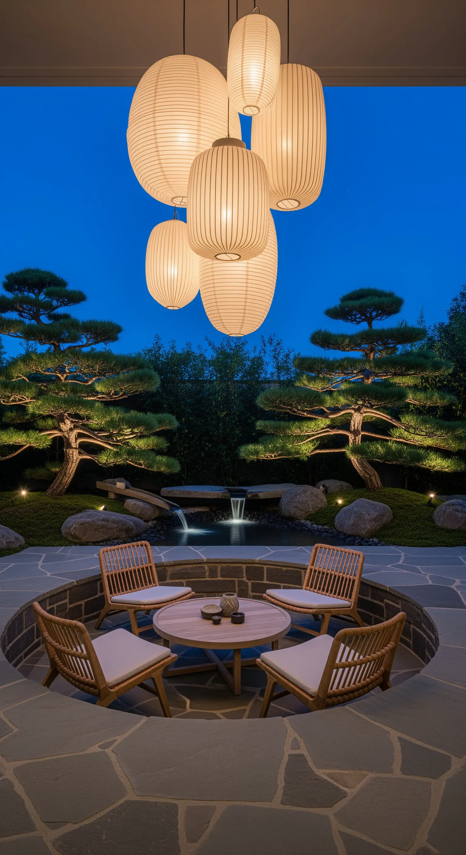 Versunkene Japandi Sitzgelegenheit, Wasserfall, Papierlaternen, Bonsai