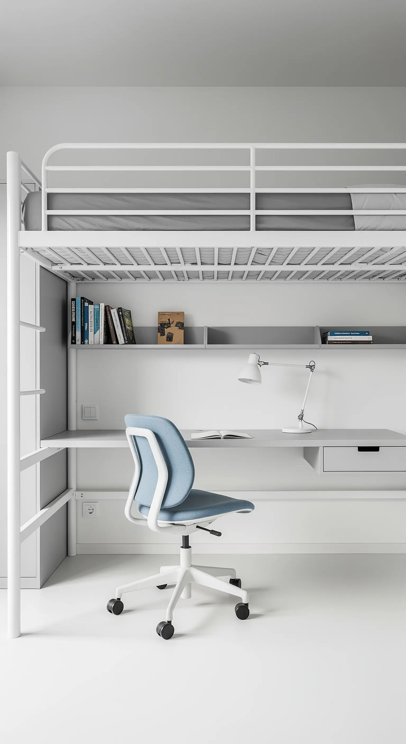 Weißes Hochbett mit integriertem Schreibtisch und blauem Stuhl in einem minimalistischen Zimmer.