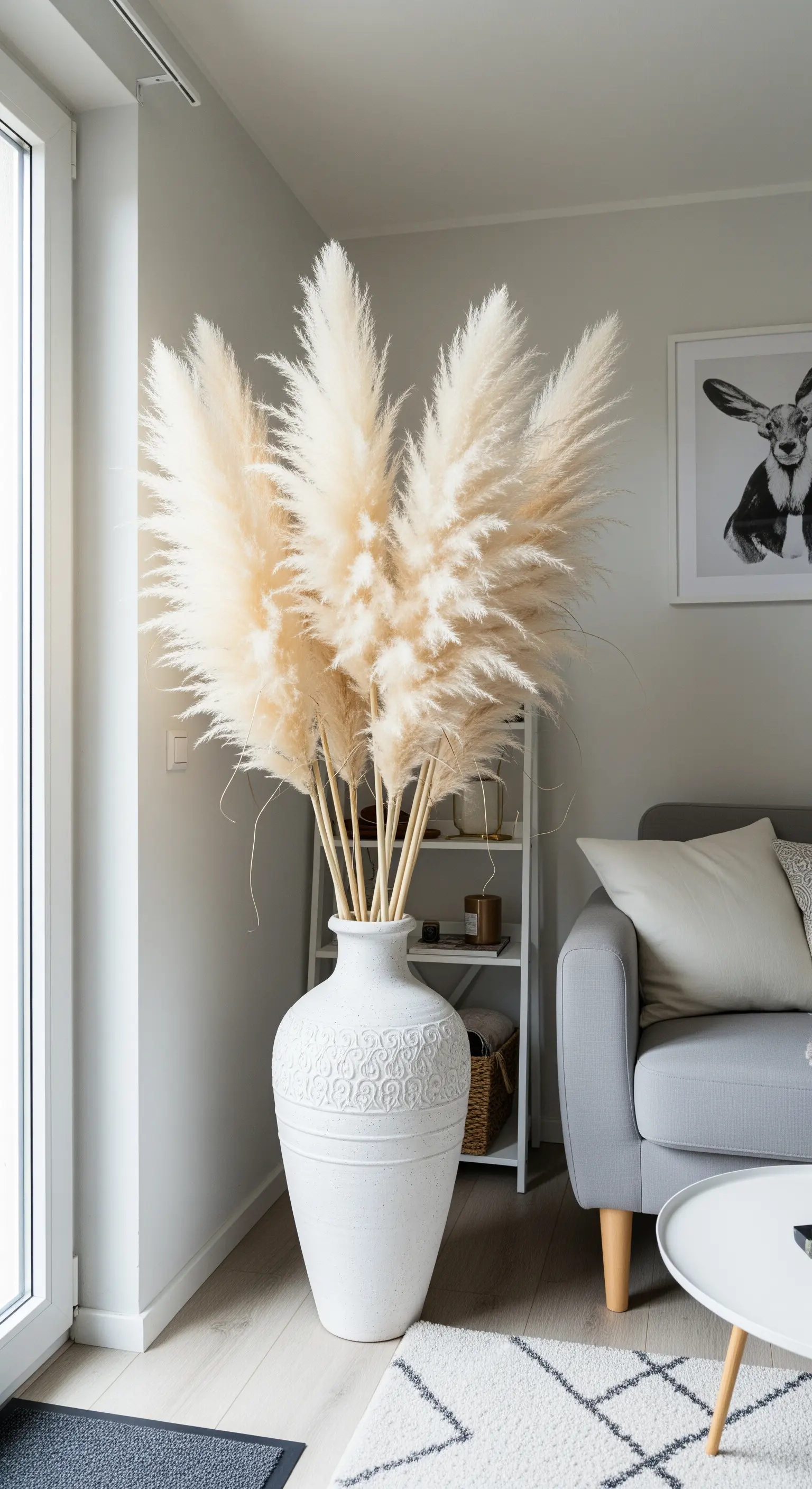Große weiße Bodenvase mit üppigem, hellem Pampasgras in einer Wohnzimmerecke.