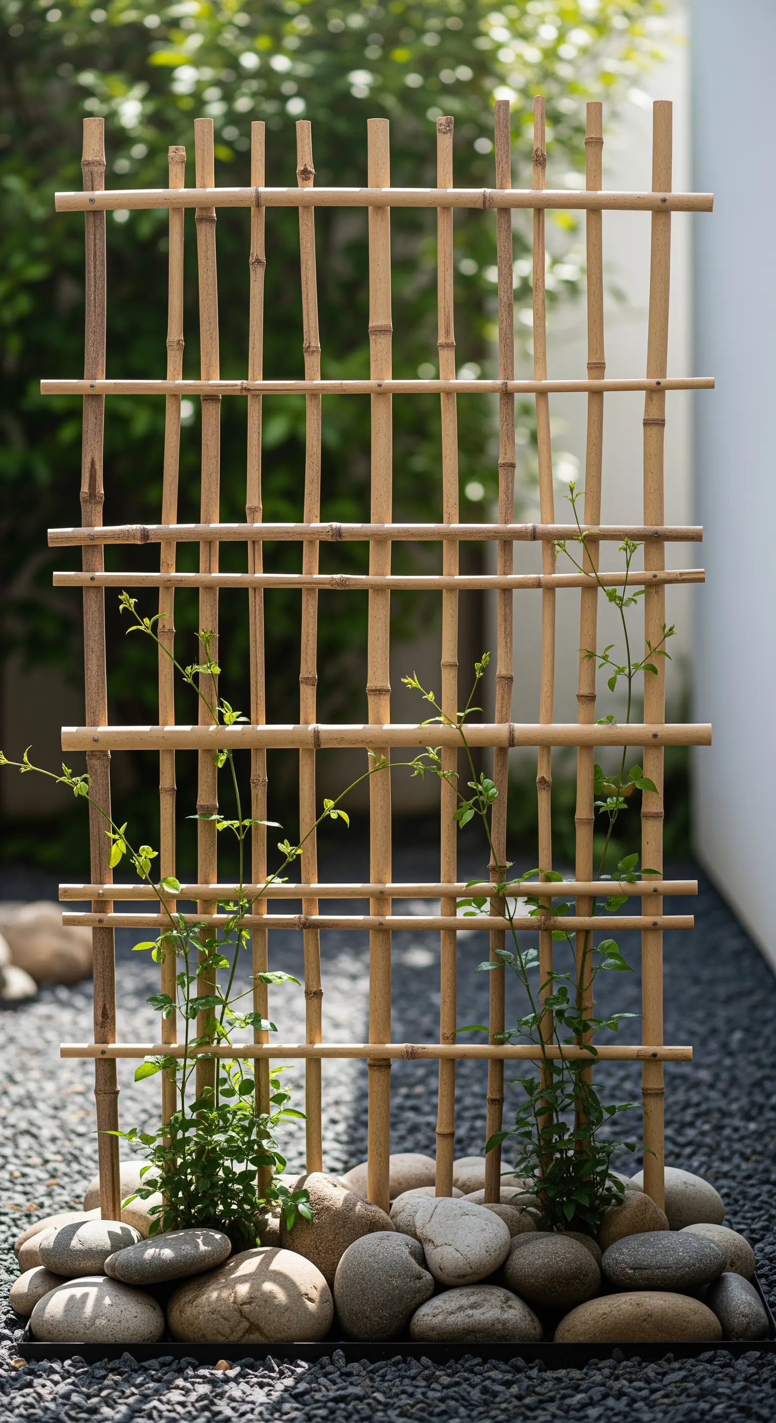Bambus-Rankhilfe mit Kletterpflanze auf Kiesbett mit Flusssteinen