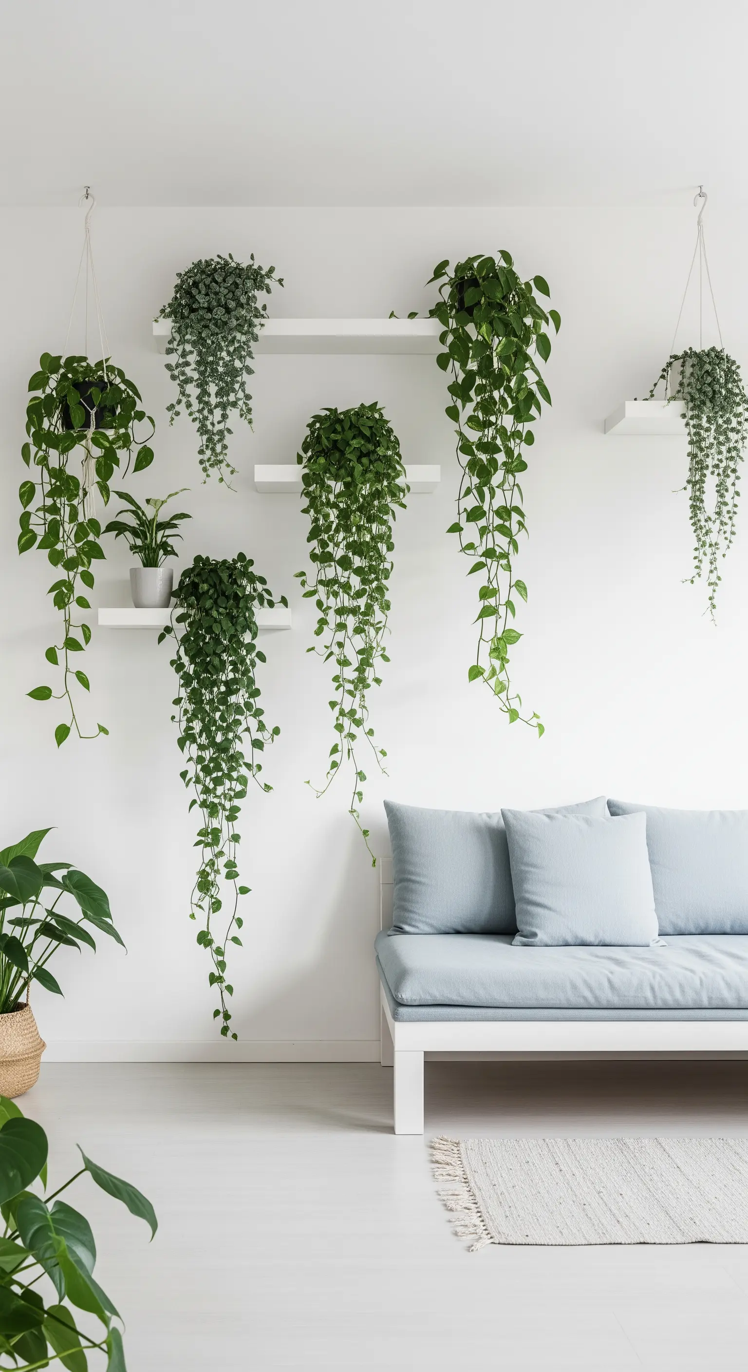 Wand voller Hängepflanzen auf Regalen, hellblaues Sofa