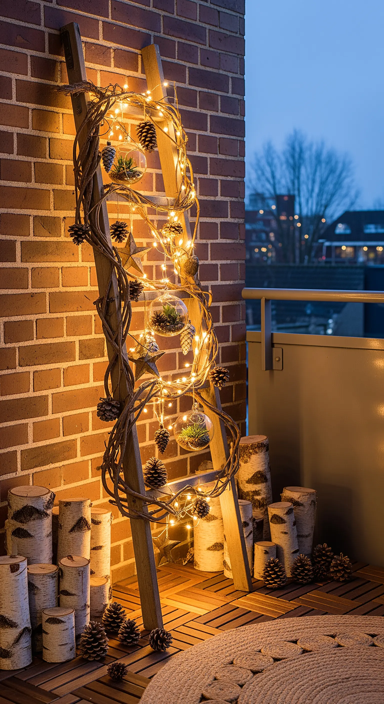 Holzleiter mit Lichterketten, Glasgefäßen und Tannenzapfen, umgeben von Birkenholzscheiten