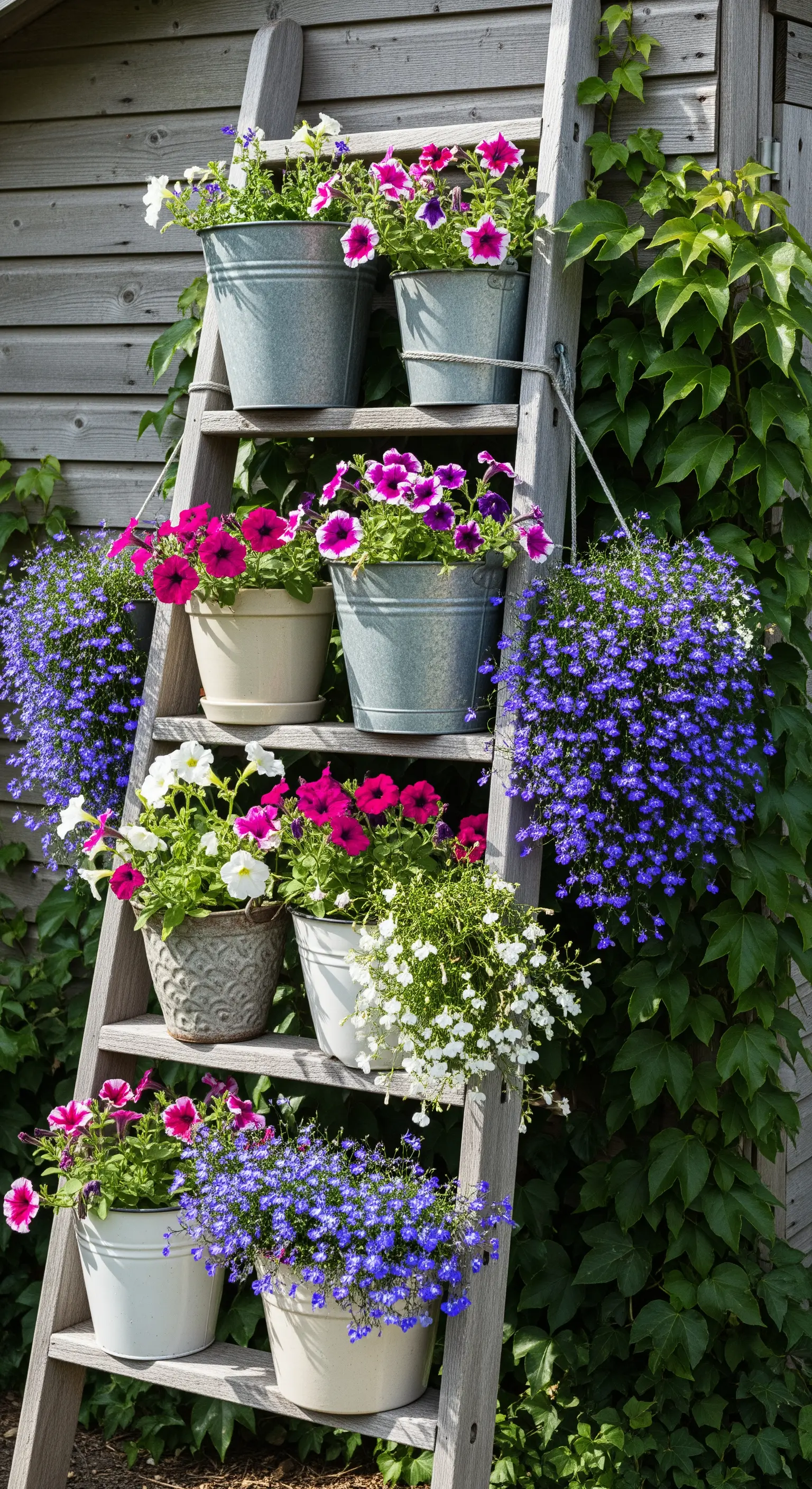Alte Holzleiter mit gestuften Blumentöpfen voller Petunien und Lobelien