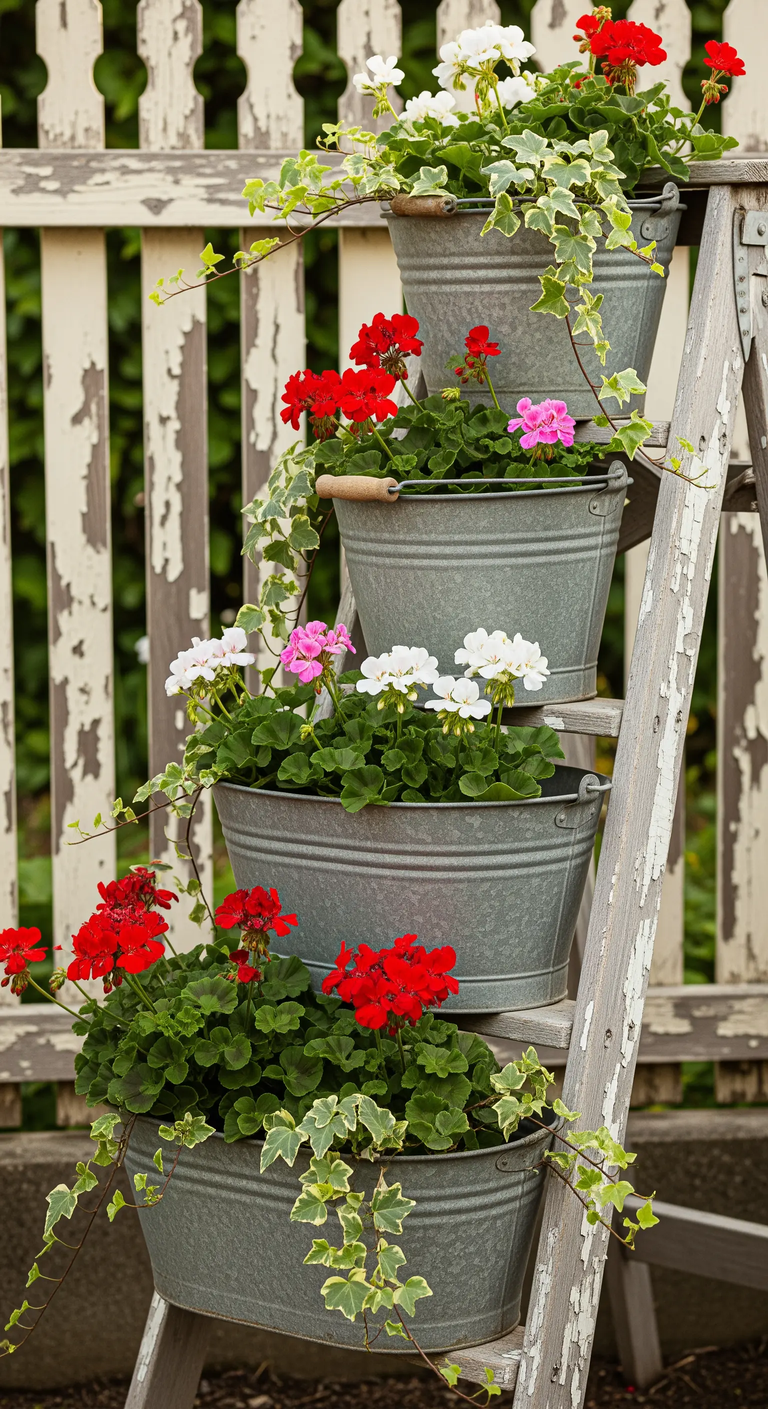 Alte Holzleiter mit Zinkeimern, bepflanzt mit Geranien und Efeu, vor einem weißen Zaun.
