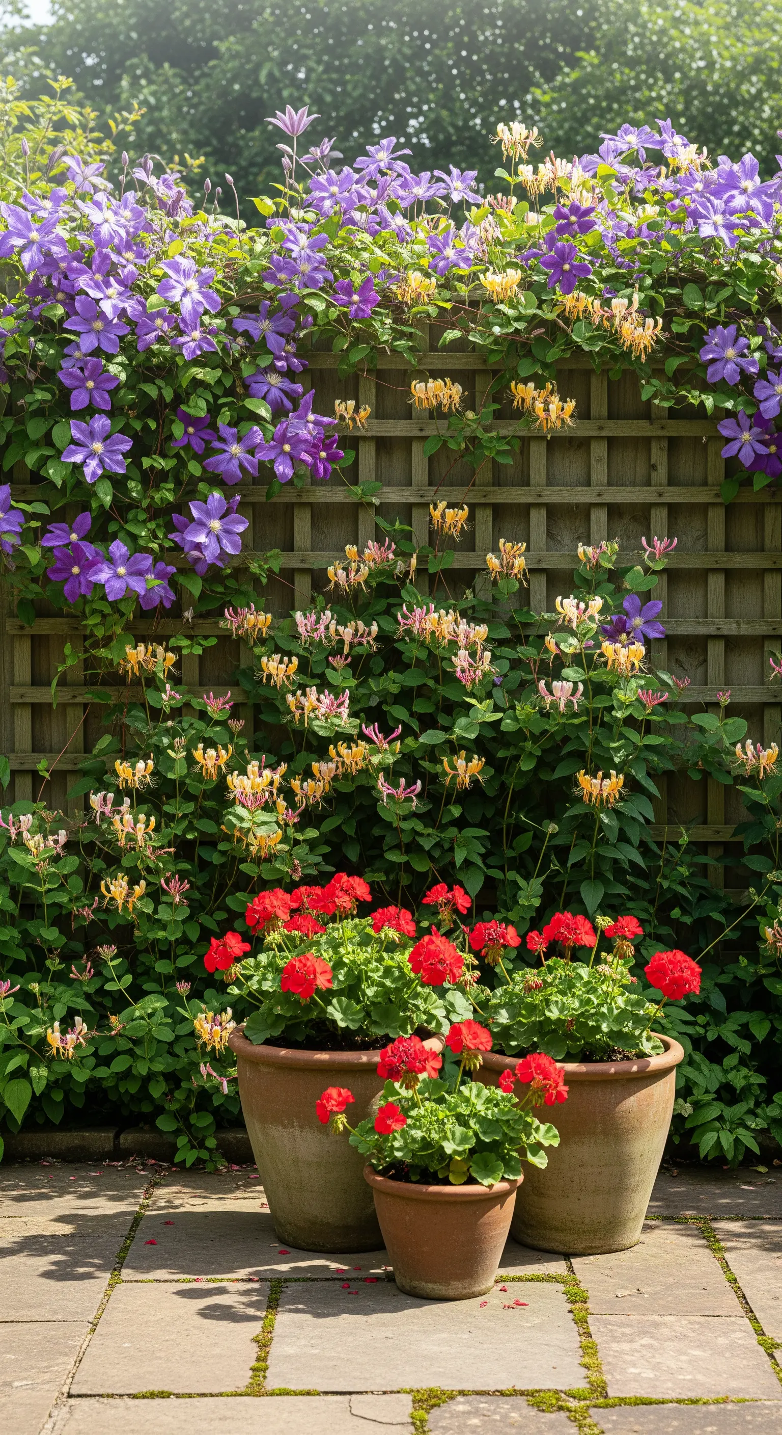 Holzspalier mit Clematis, Geißblatt und Geranien in Terrakottatöpfen