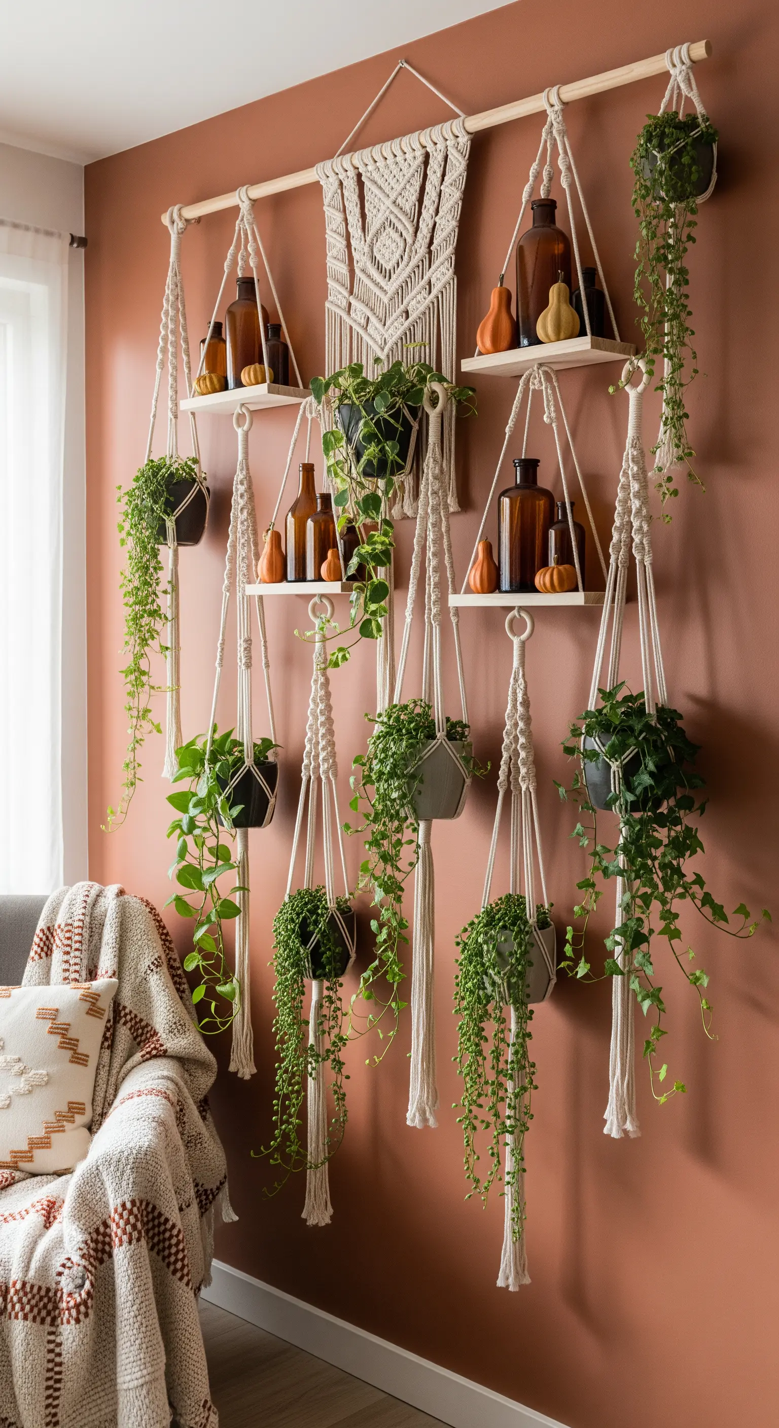Makramee-Wandbehang mit hängenden Pflanzen, Apothekerflaschen und Mini-Kürbissen.