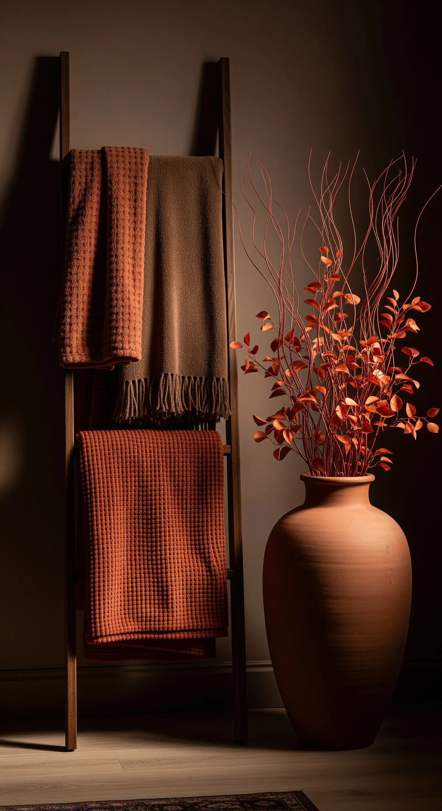 Holzleiter mit Plaids in Herbstfarben und Terrakotta-Vase mit Zweigen