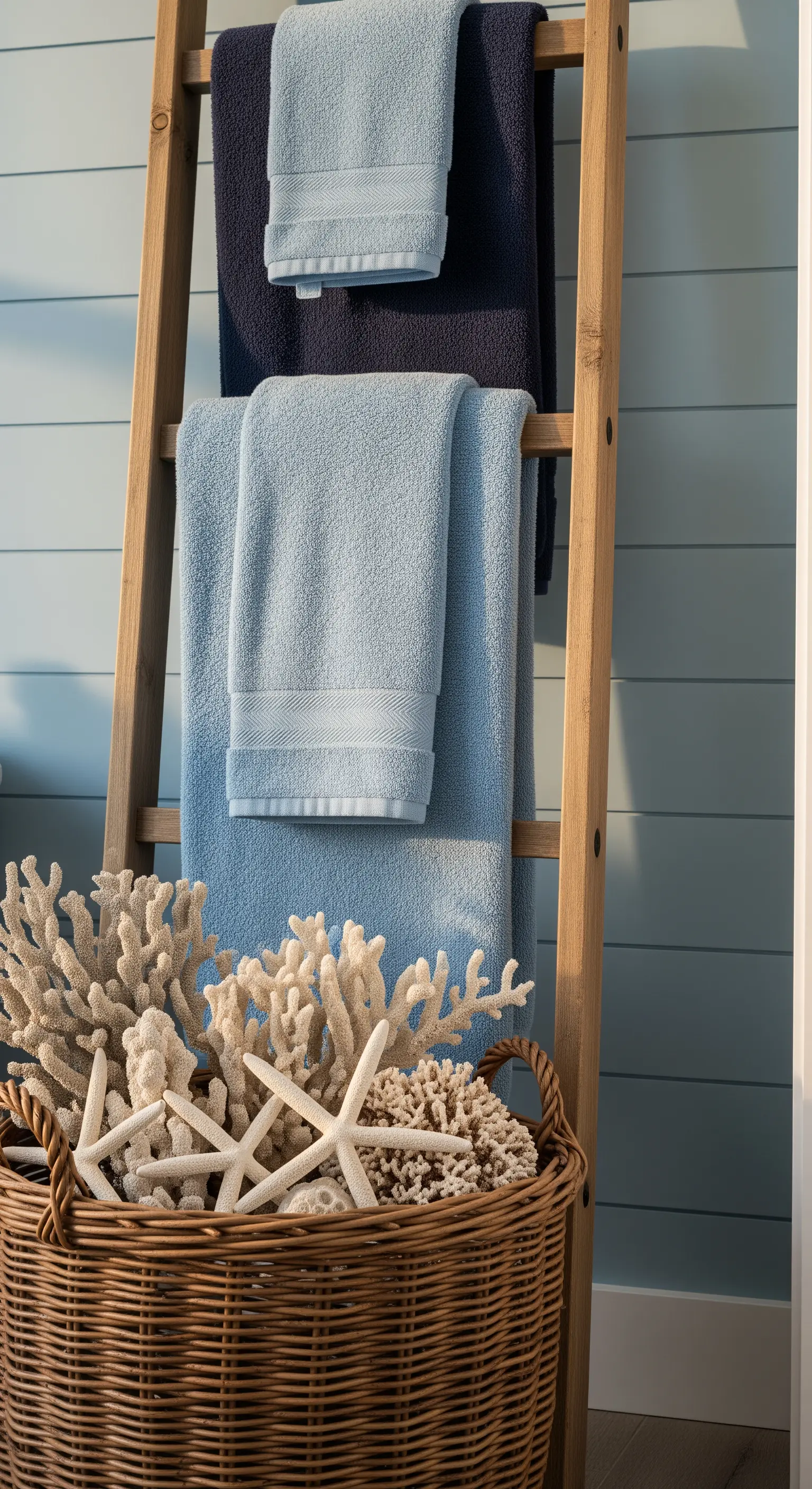 Holzleiter mit blauen Handtüchern, geflochtener Korb mit Korallen und Seesternen.