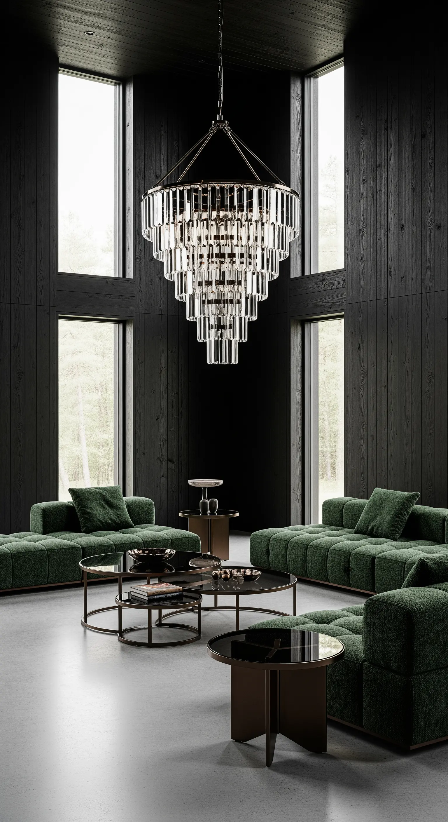 Ein riesiger Kristall-Kronleuchter in einem hohen Raum mit schwarzen Holzwänden und grünen Sofas.