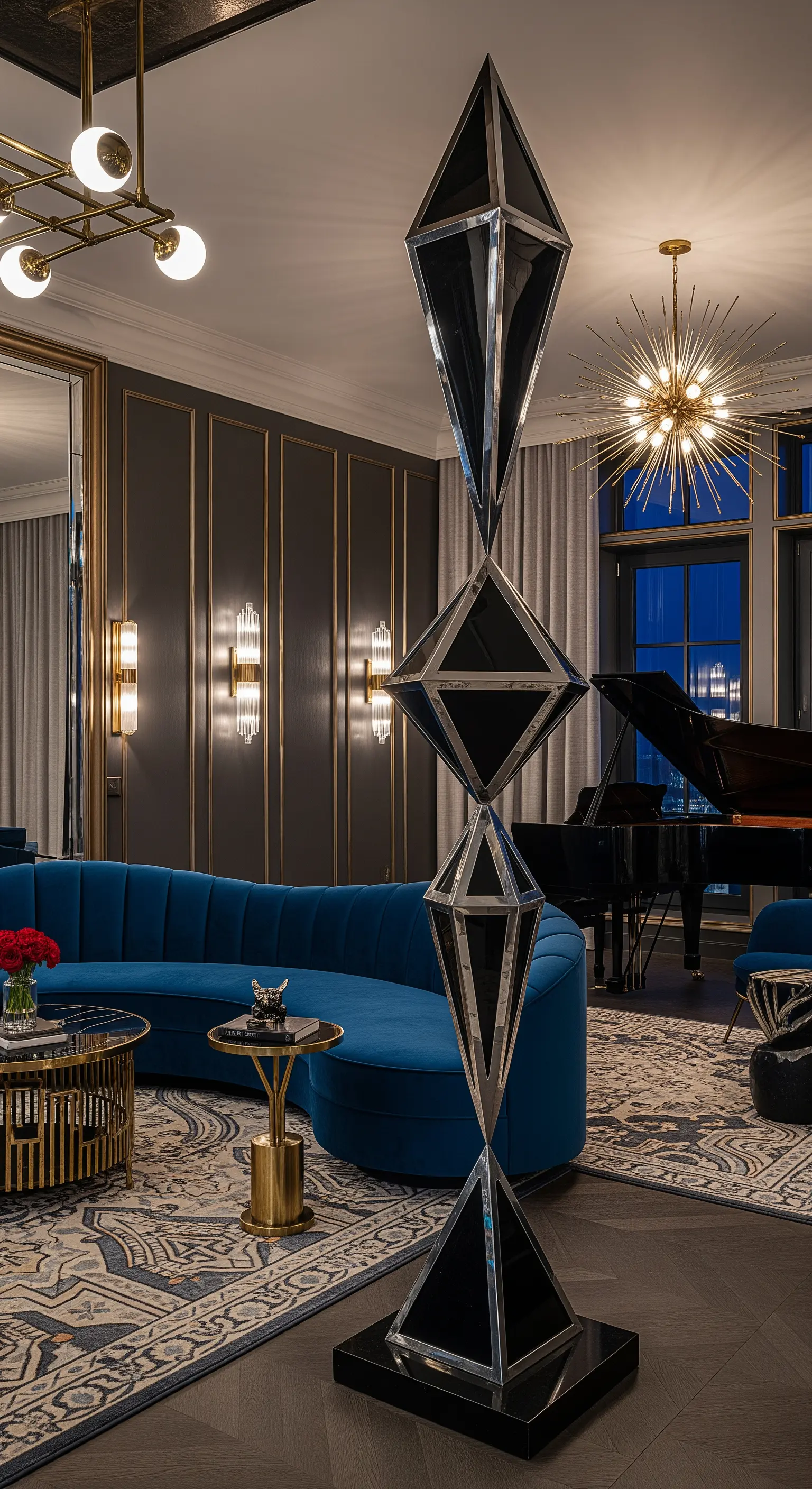 Hohe, geometrische Skulptur mit Spiegelelementen in einem dunklen Art-Deco-Wohnzimmer.