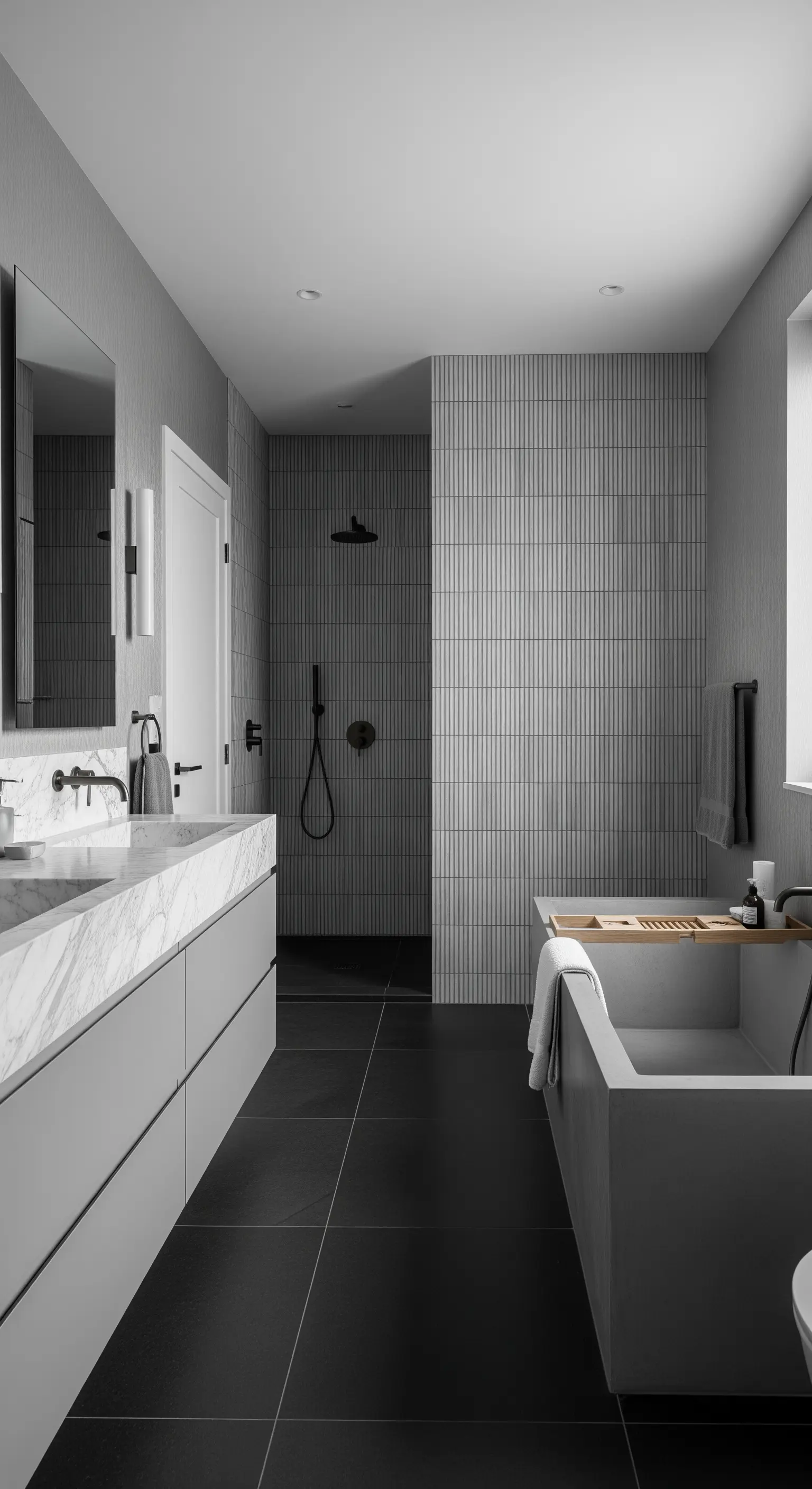 Graues, monochromes Badezimmer mit vertikal verlegten Kit-Kat-Fliesen in der Dusche