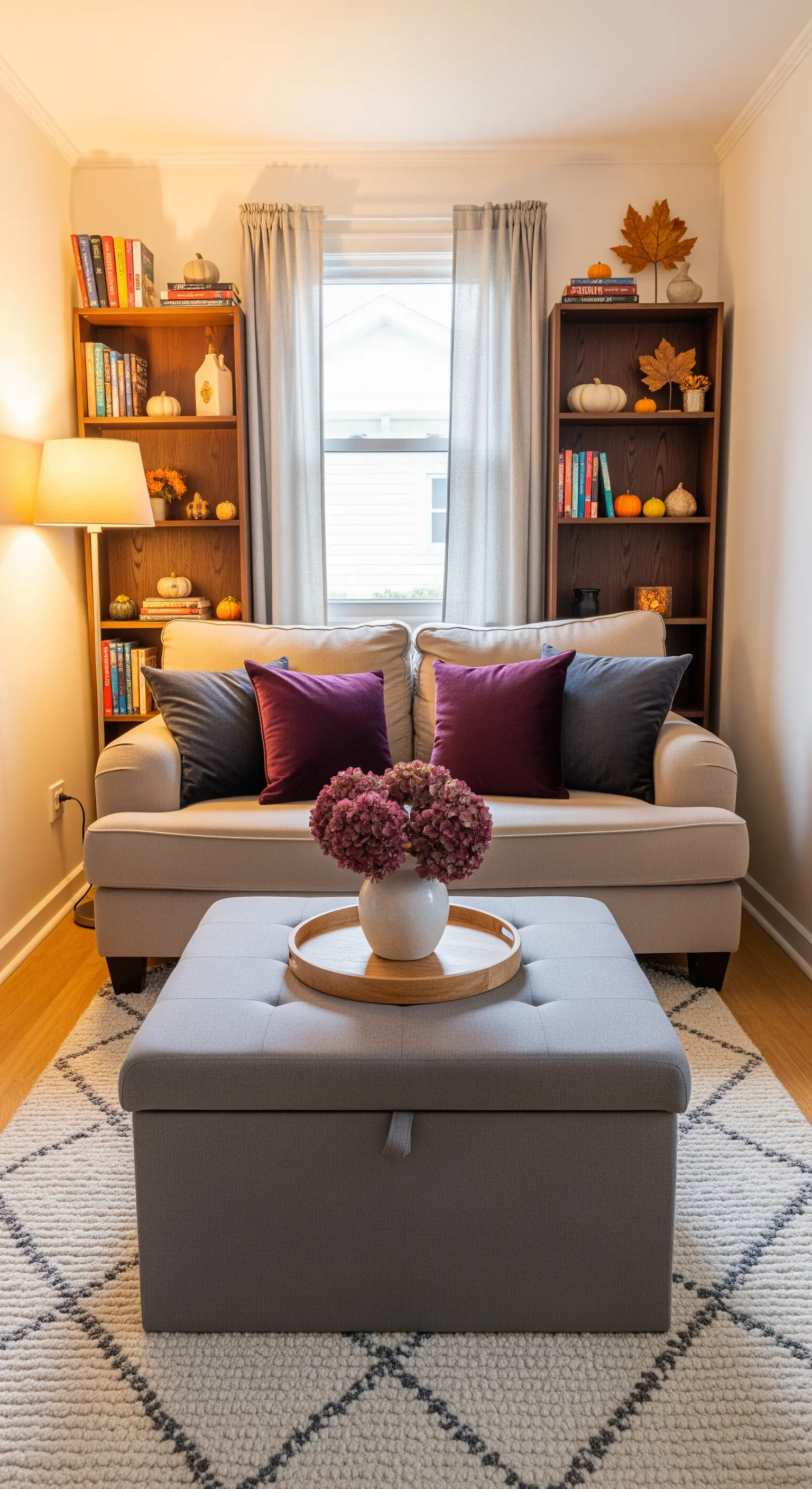 Kleines Wohnzimmer mit Bücherregalen, Ottoman und lila Kissen.